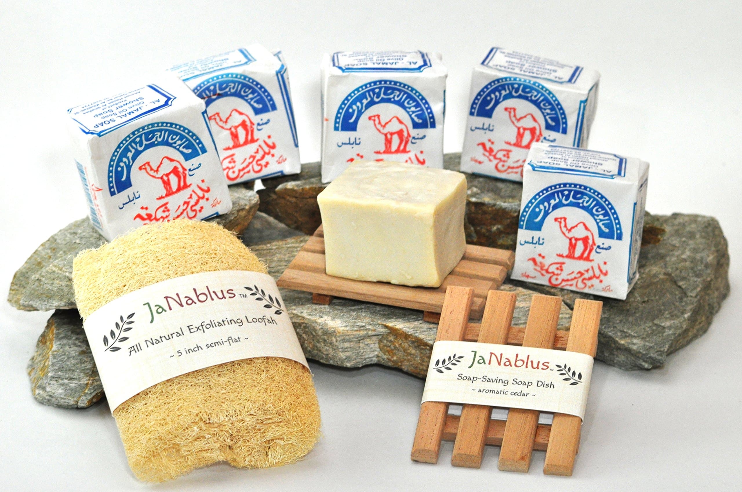 Olive Oil Nablus Soap Bundle: 6 Al Jamal Soap Bars, 1 Natural Loofah, 2 Cedar Soap Dishes