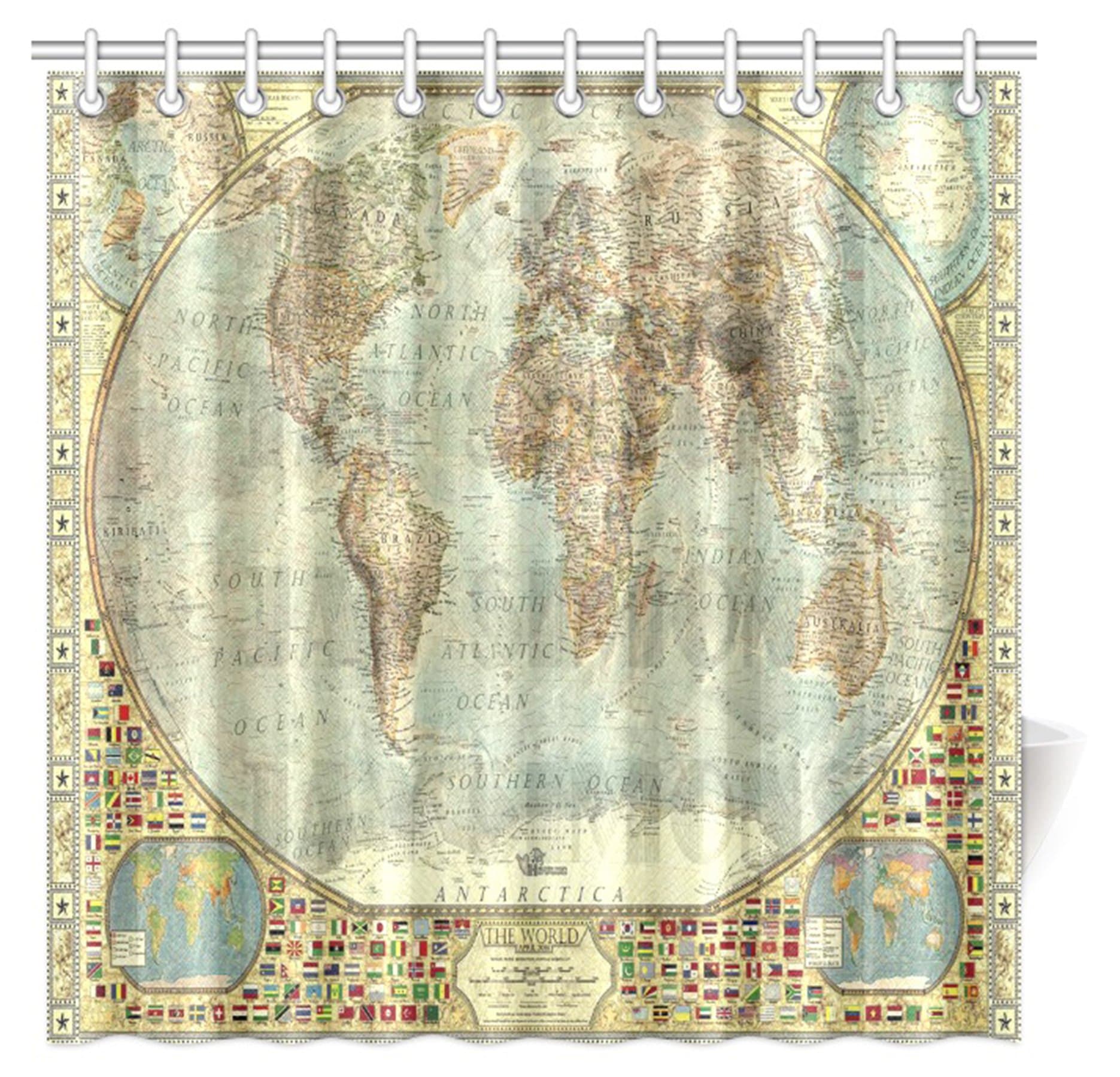 Unique Vintage World Map Waterproof Polyester Fabric 72"(w) x 72"(h) Shower Curtain and Hooks