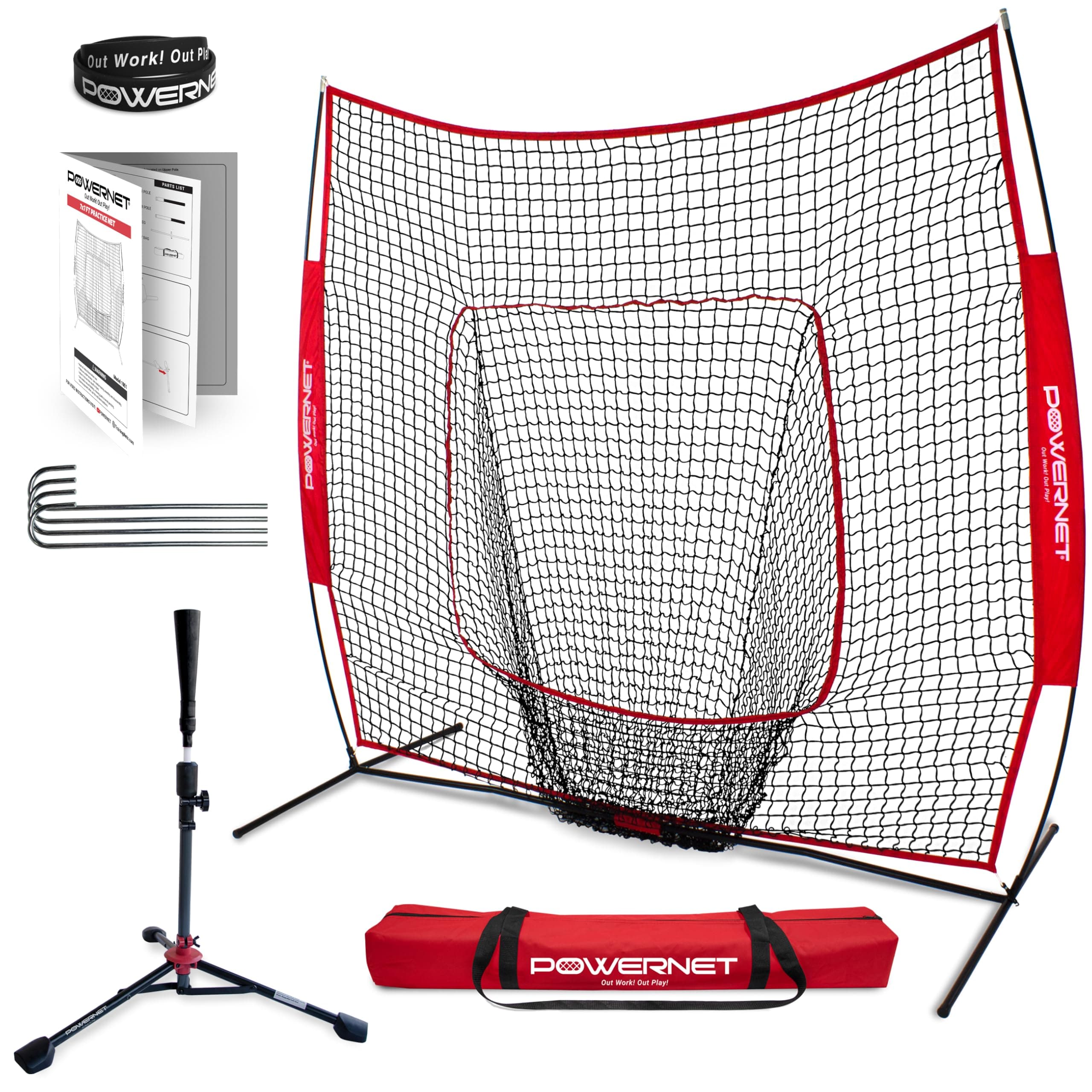 Baseball Softball Practice Net 7x7 with Baseball Accessories for Practice Pitching, Batting & Fielding, Ball Caddy, Weighted Baseballs, Tee