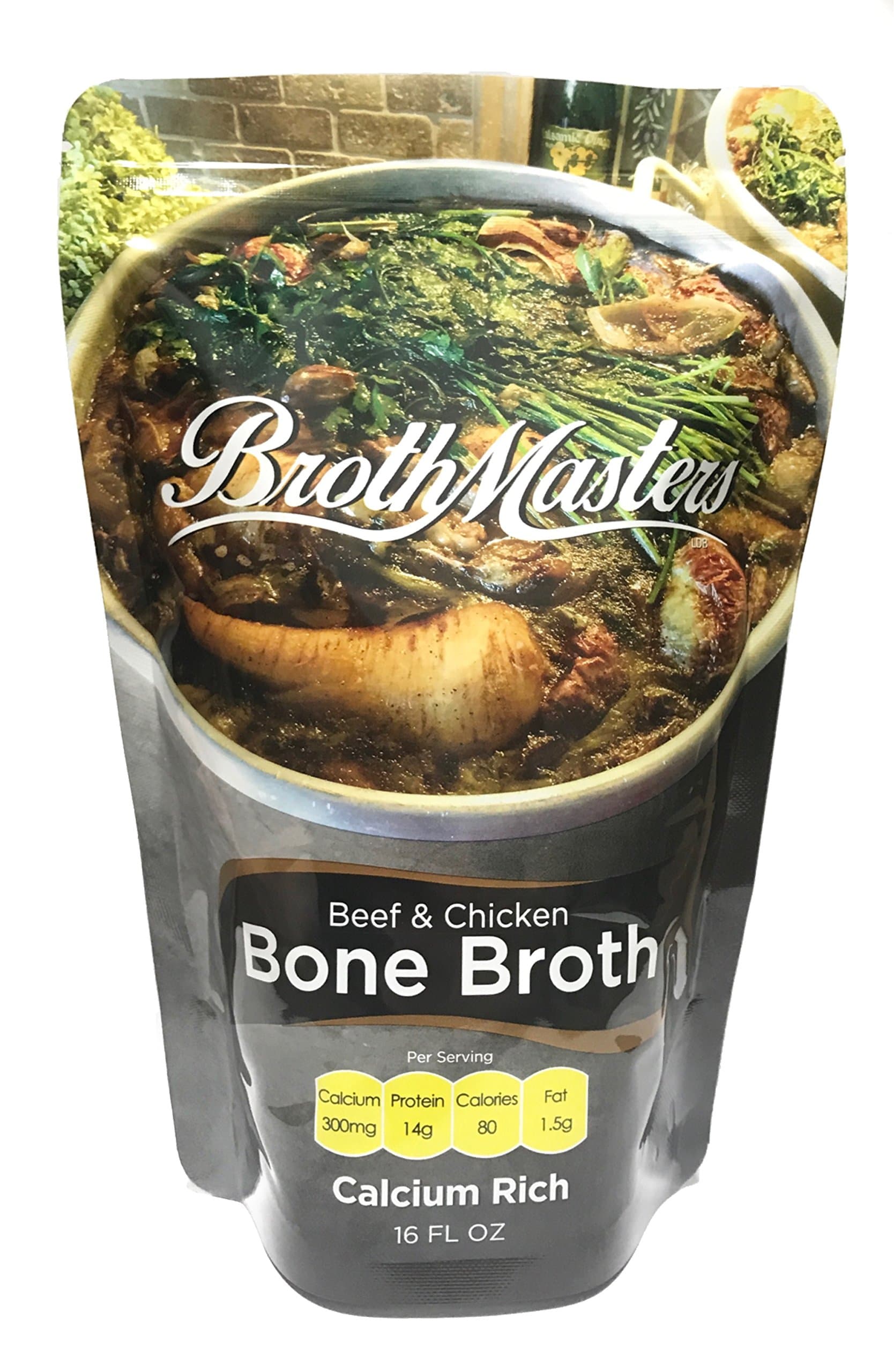 Broth Masters Bone Broth - 8 Pack (16 ounces each) Calcium Rich. Grass Fed Beef Bones, Pasture Raised Chicken Bones and Organic Vegetables. 300 Milligrams Calcium 14 grams of Protein