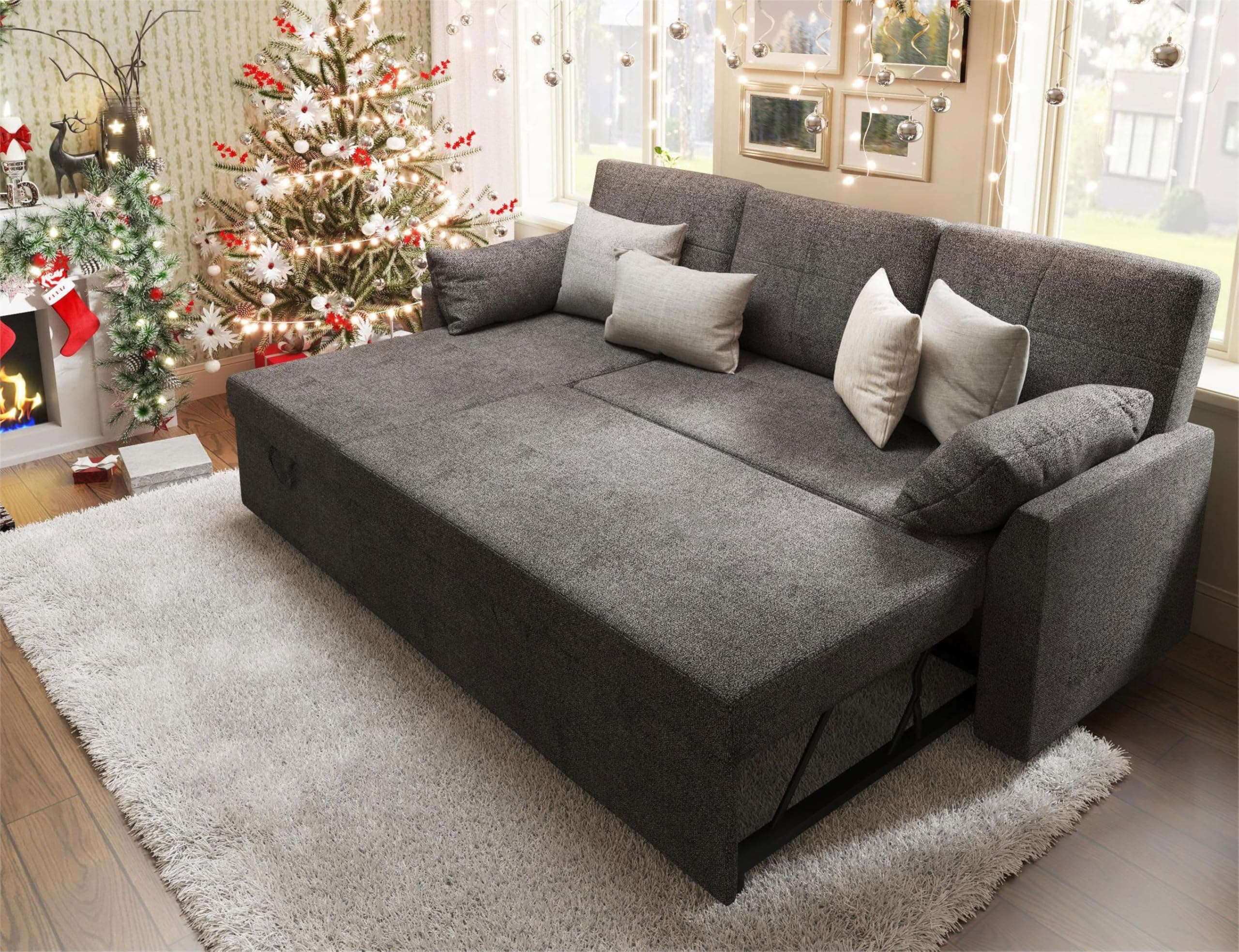 VanAcc Sleeper Sofa, Sofa Bed- 2 in 1 Pull Out Couch Bed with Storage Chaise, Sleeper Couch for Living Room, Grey Linen