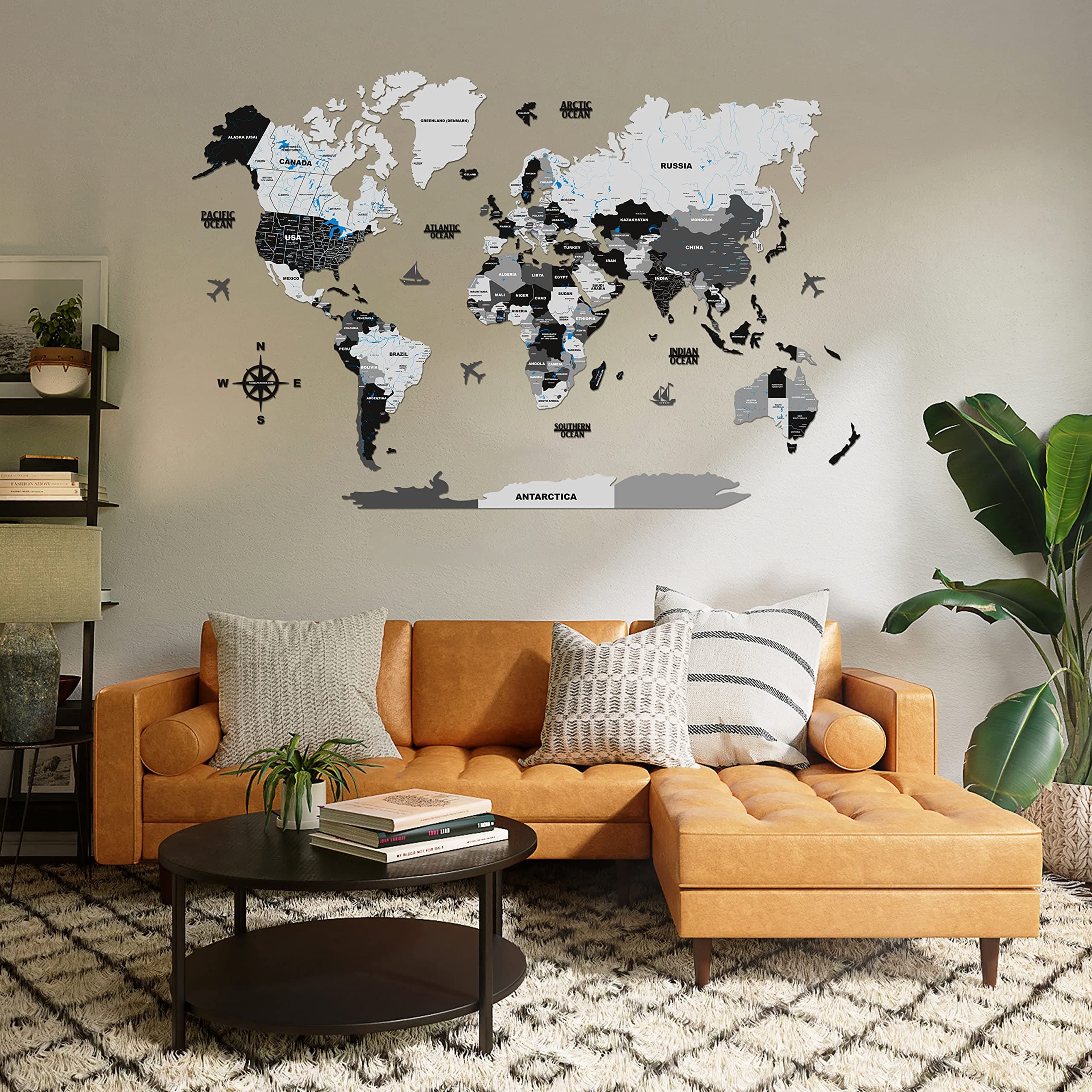 The Map Store 3D Wooden Map for Wall, Black and Grey, World Map Wall Decor, Artistic Wall Art for Office, Home and Study, 3D Wooden World Map, Multilayer (L - 60" x 40")
