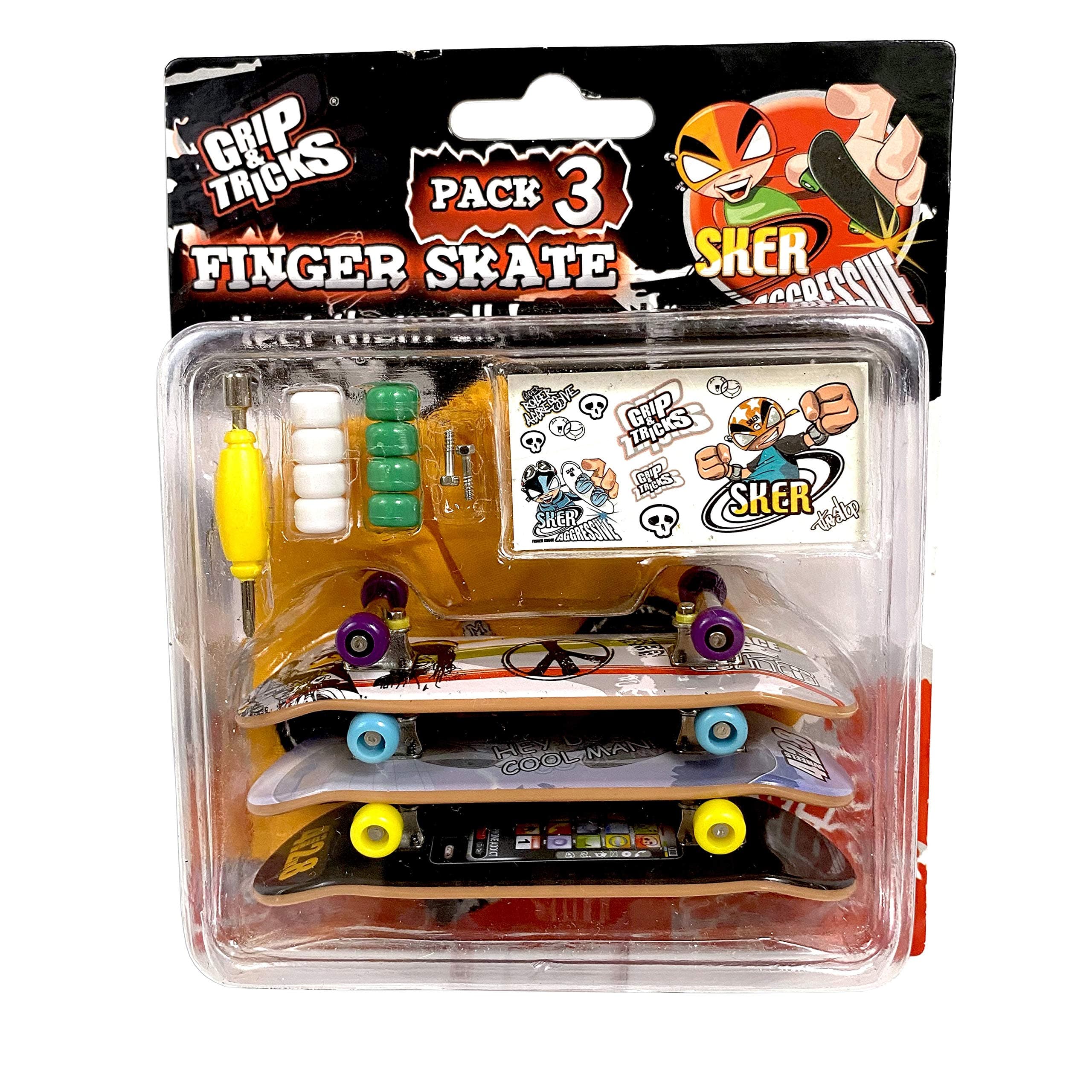 Grip and Tricks - 3 Finger Skates with Pro Fingerboard Tools and Toy Skateboards Accessories - Finger Skate Pack 3 - Finger Toy for kids 6+ years old
