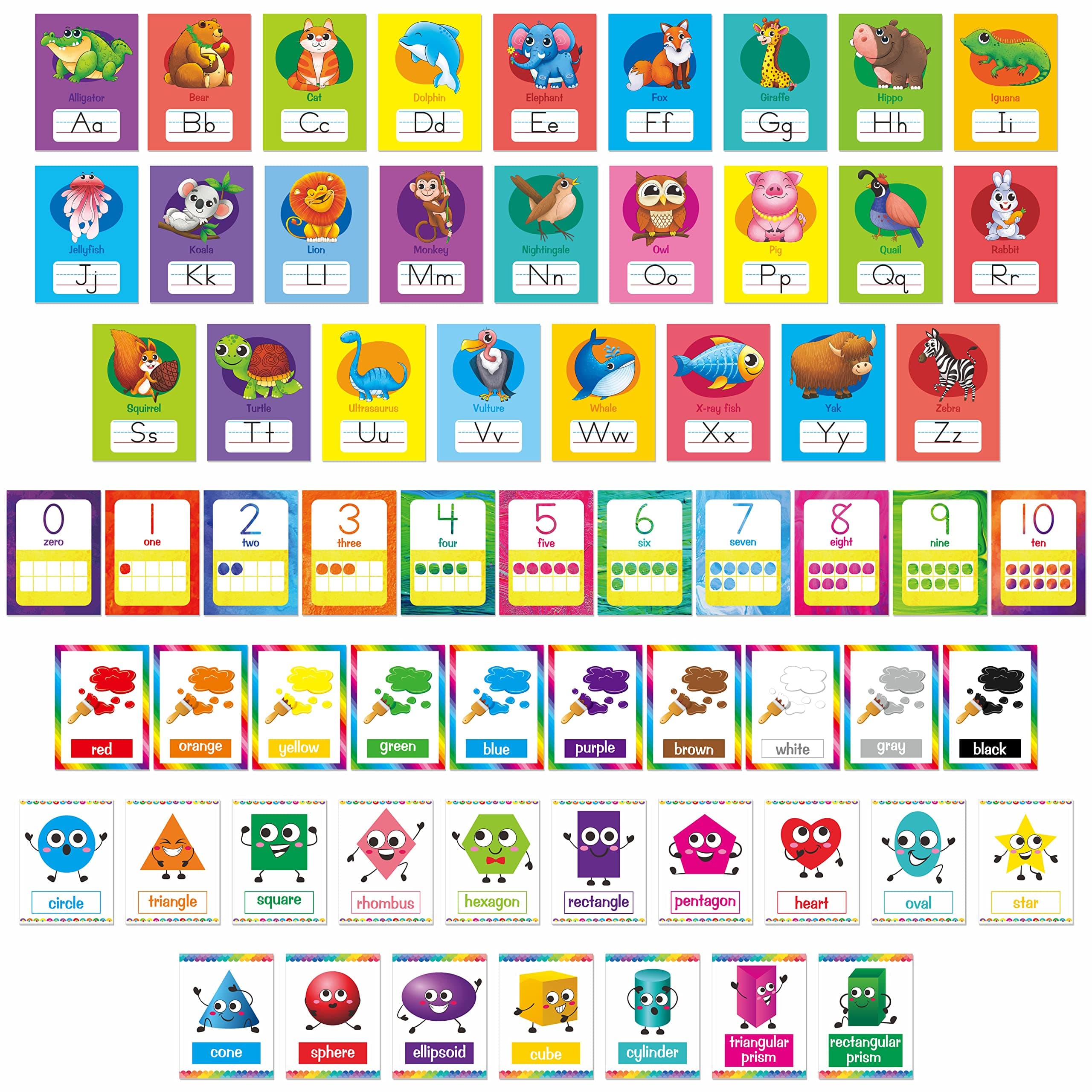 64 PCS Educational Cards, Laminated Water/Tear Proof Preschool Learning Posters Include Alphabet Numbers Colors & 2D/3D Shapes, Kindergarten Preschool Early Education Cards Home Classroom Decorations