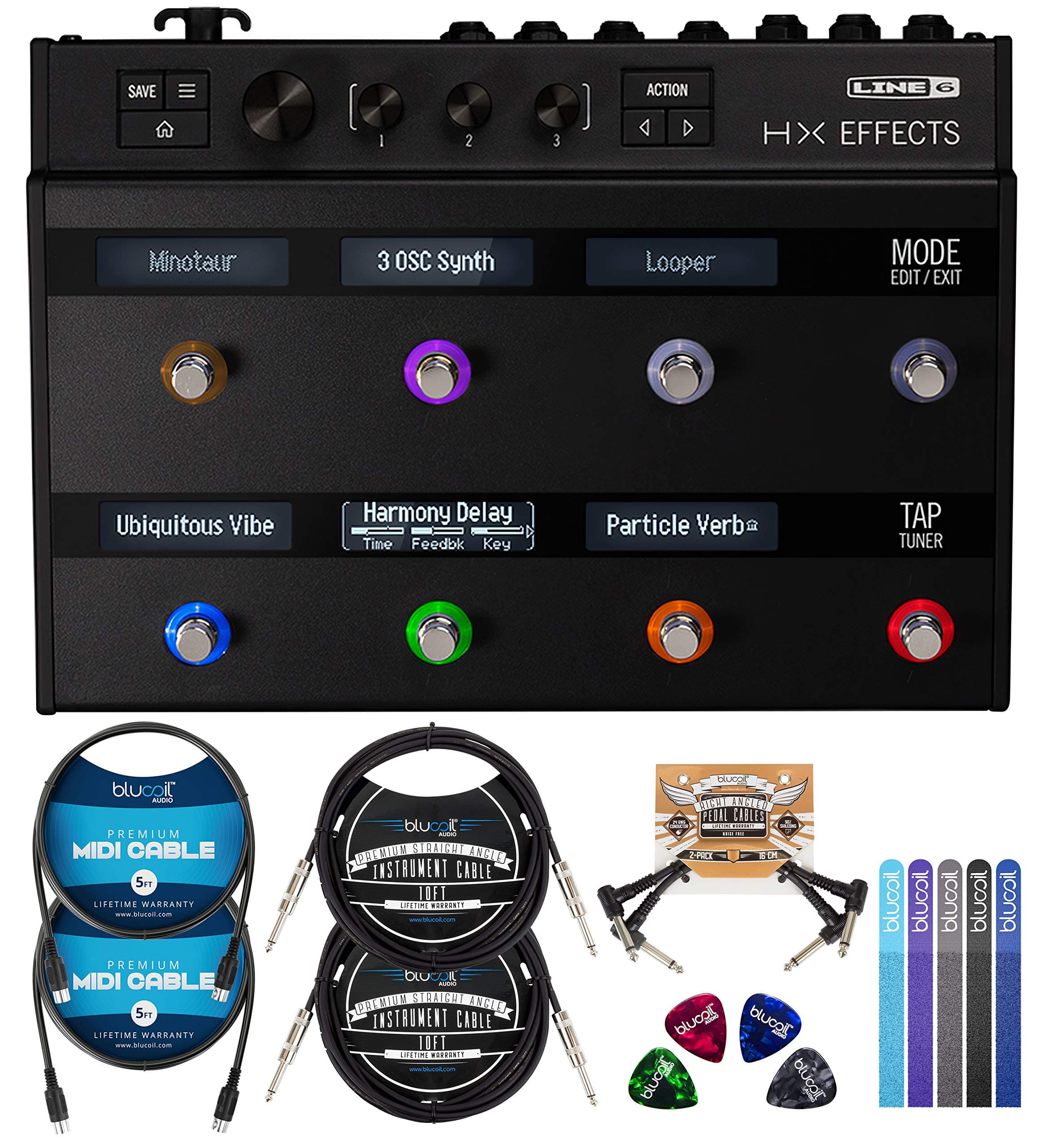 Line 6 HX Effects Processor Bundle with Blucoil 2-Pack of 10-FT Straight Instrument Cables (1/4in), 2-Pack of 5-FT MIDI Cables, 2-Pack of Pedal Patch Cables, 4x Guitar Picks, and 5x Cable Ties