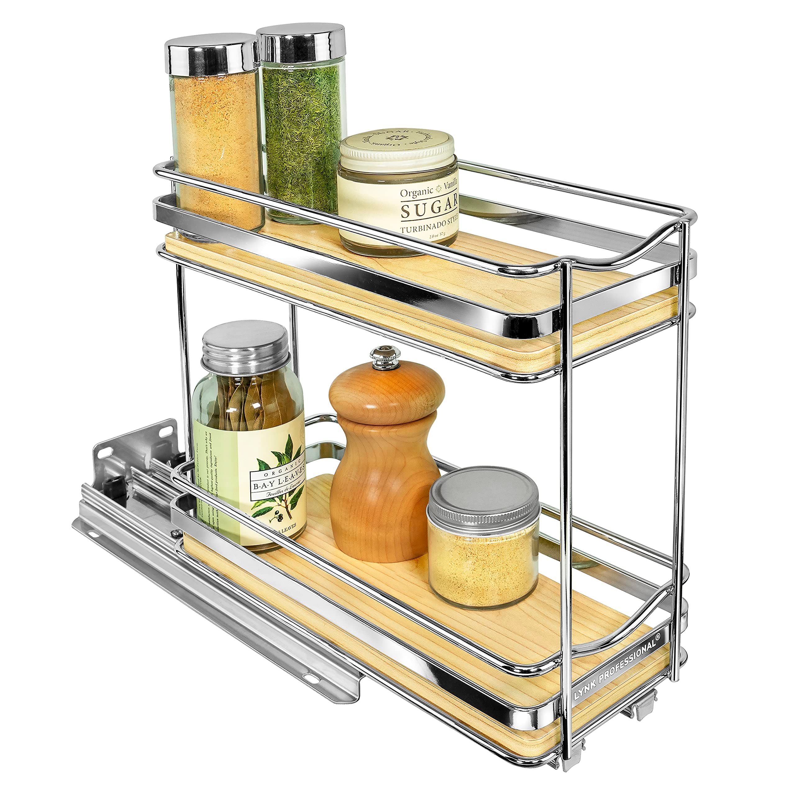 LYNK PROFESSIONAL® Élite™ Pull Out Spice Rack Organizer for Cabinet - 4-1/4 inch Wide - Slide Out Rack - Wood and Chrome Sliding Spice Organizer Shelf - 2 Tier