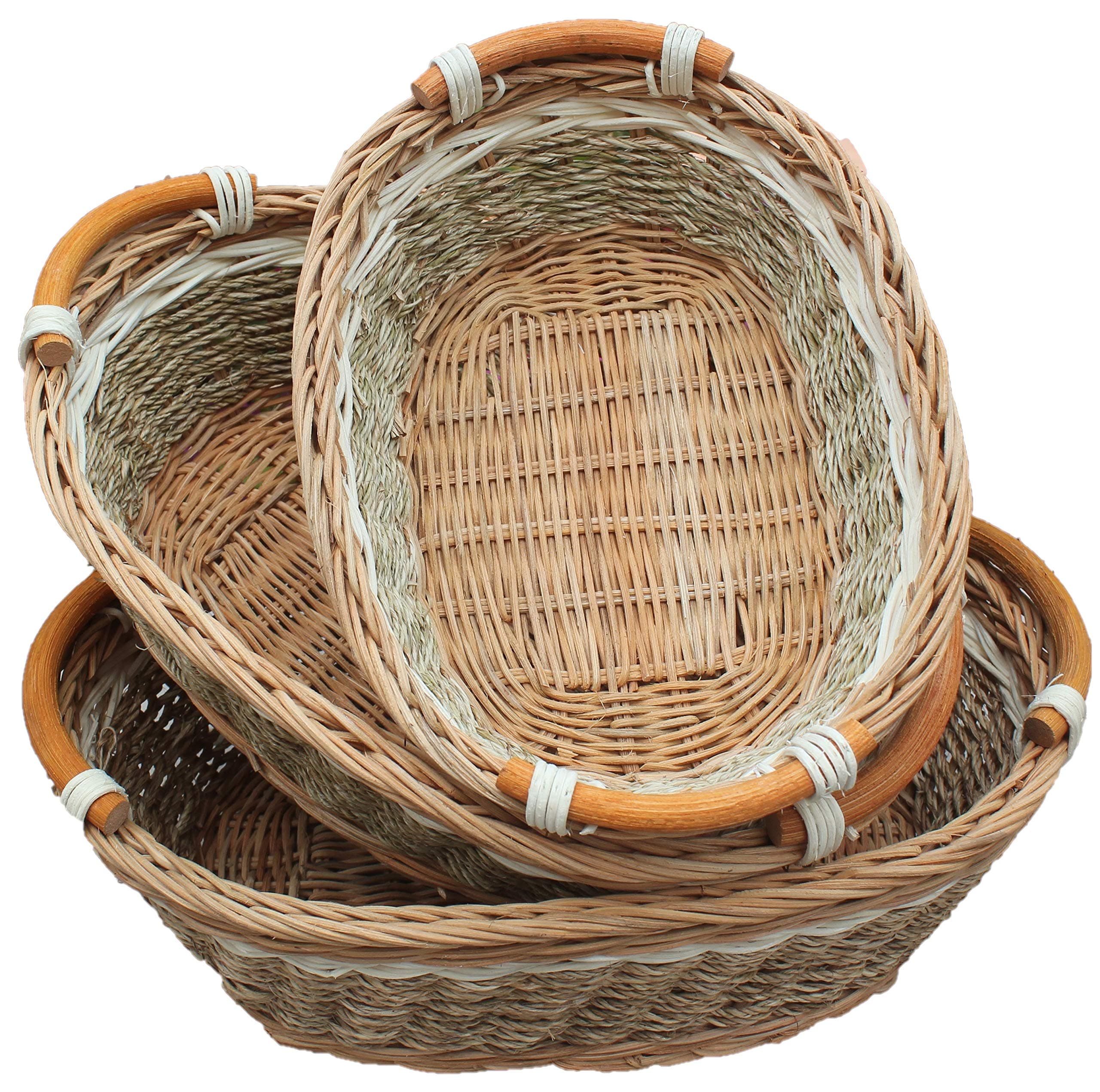 RT450100-3: Handwoven Wicker Storage Baset Curve Pole Handle Baskets in Brown (Set of 3)