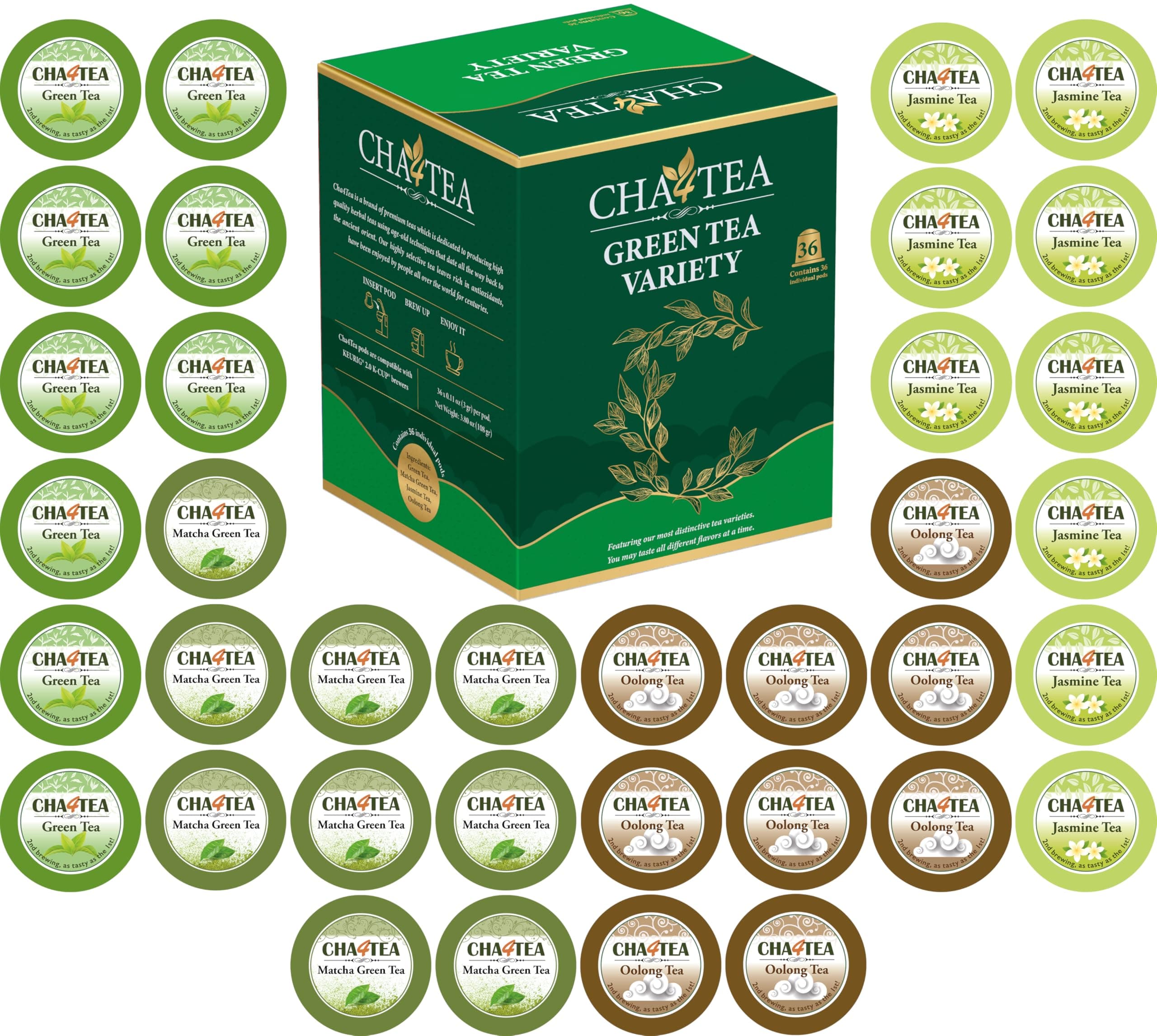 Cha4TEA 36-Count K Cups Assorted Green Tea for Keurig K-Cup Brewers (Matcha Green, Green Tea, Jasmine Green Tea, Oolong Tea)