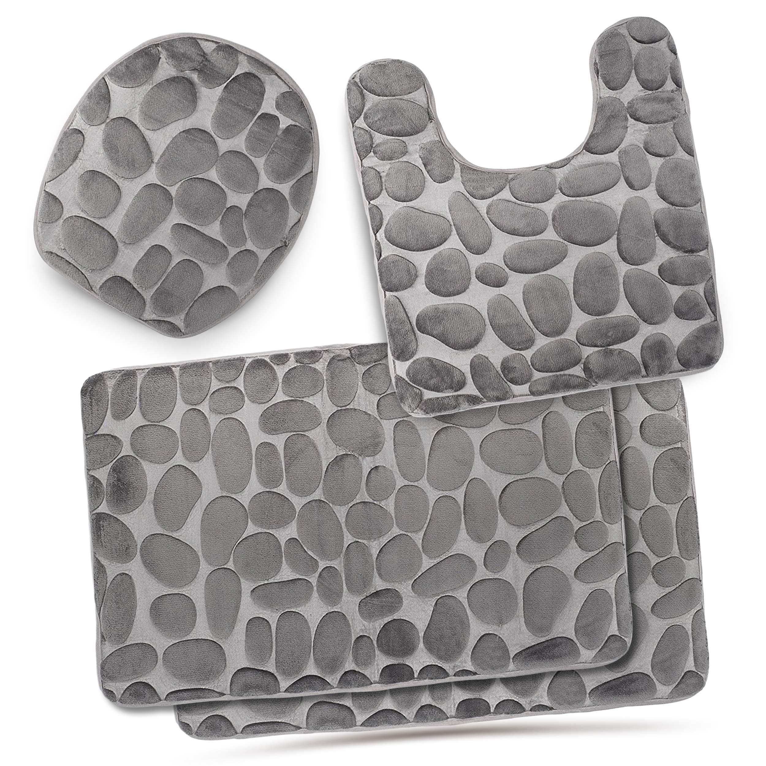 Bathroom Rug Mat Set 4-Piece Memory Foam - Extra Soft Anti-Slip Shower Large Bath Rugs – Perfect Combination of Luxury and Comfort - Gray/Stones