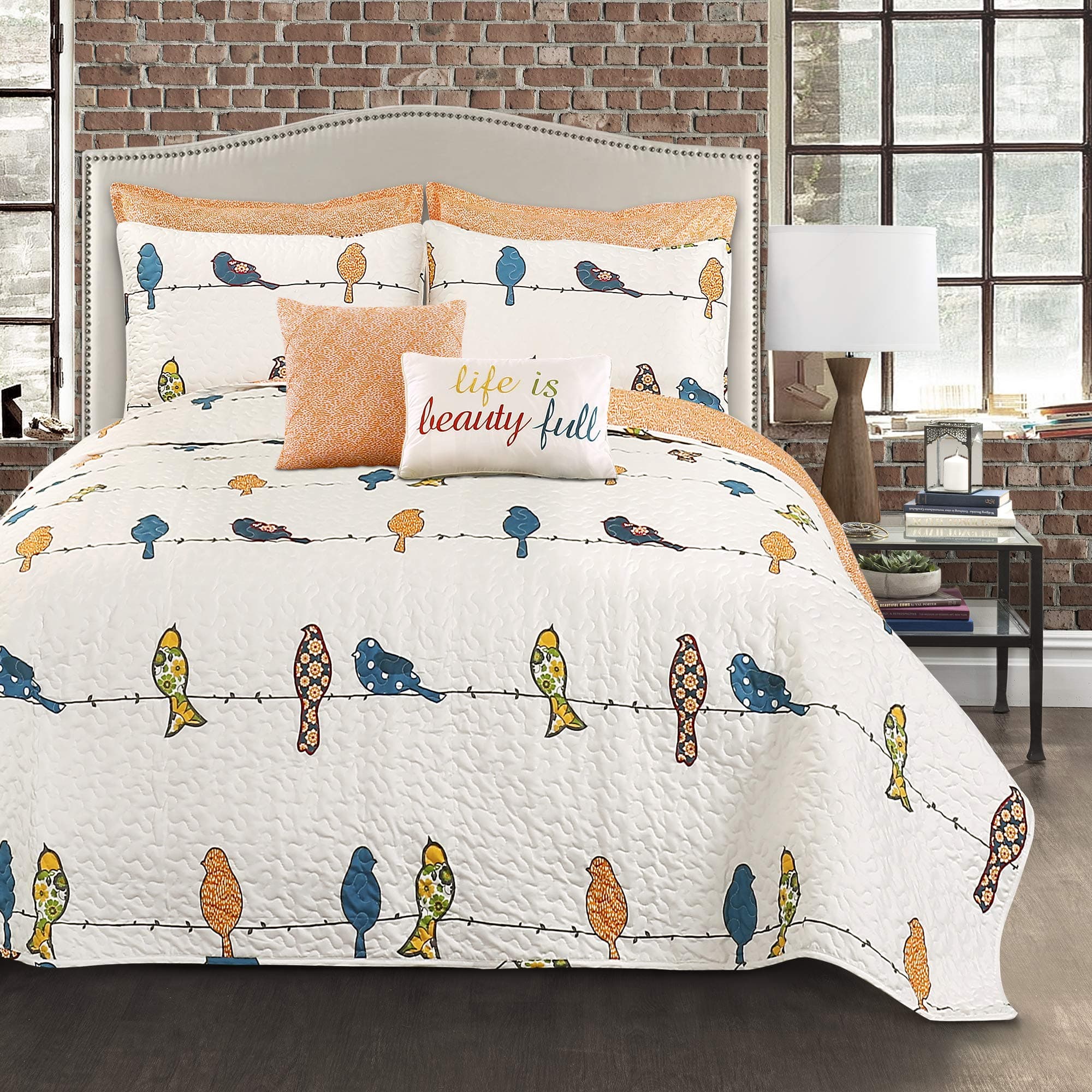 Rowley Birds Quilt Set, 7 Piece Set, Full/ Queen, Multi - Reversible Bird Bedding Set With Pillow Cases & Throw Pillows - Colorful, Whimsical, & Playful Floral Bird Print