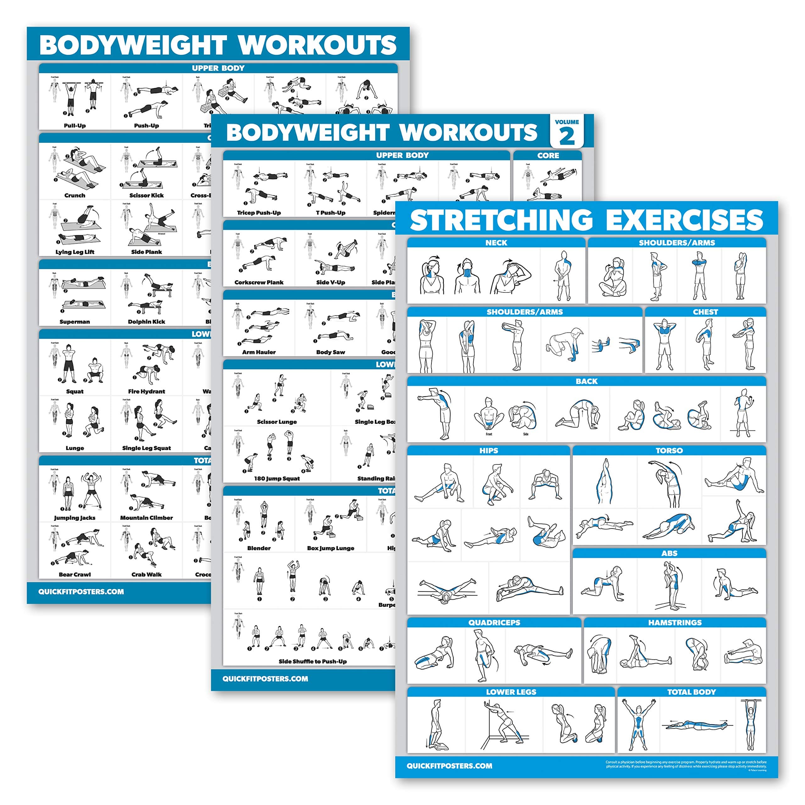 Palace Learning 3 Pack: Bodyweight Workout Posters Volume 1 & 2 + Stretching Exercises Poster Set - Set of 3 Workout Charts (Laminated, 18" x 27")