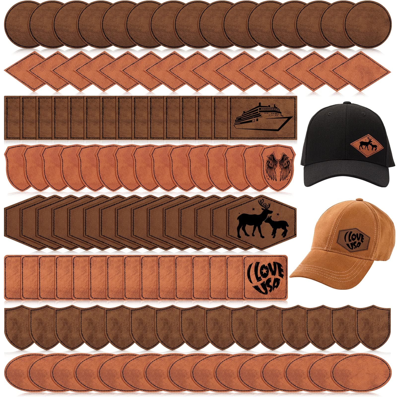 120 Pieces Rustic Leatherette Hat Patches with 8 Types of Shape Laser Engraving Blanks Patch Adhesive for Fabric Faux Leather Patch Repair Sewing Repair Patches (Khaki, Archaize Color)