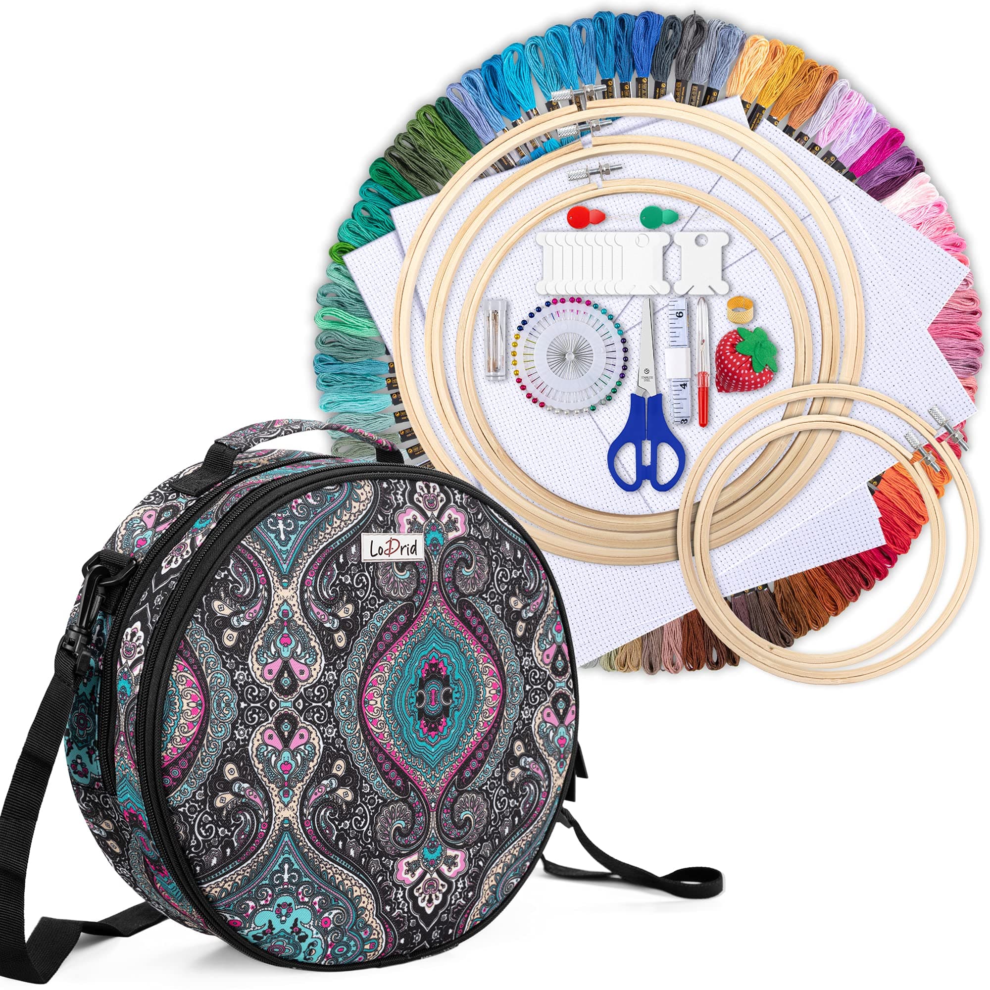 LoDrid Embroidery Kit, Double-Layer Round Storage Bag with Complete Cross Stitch Tools Kit, Embroidery Starter Kits for Beginners, Adults, with Handles and Shoulder Strap, Totem