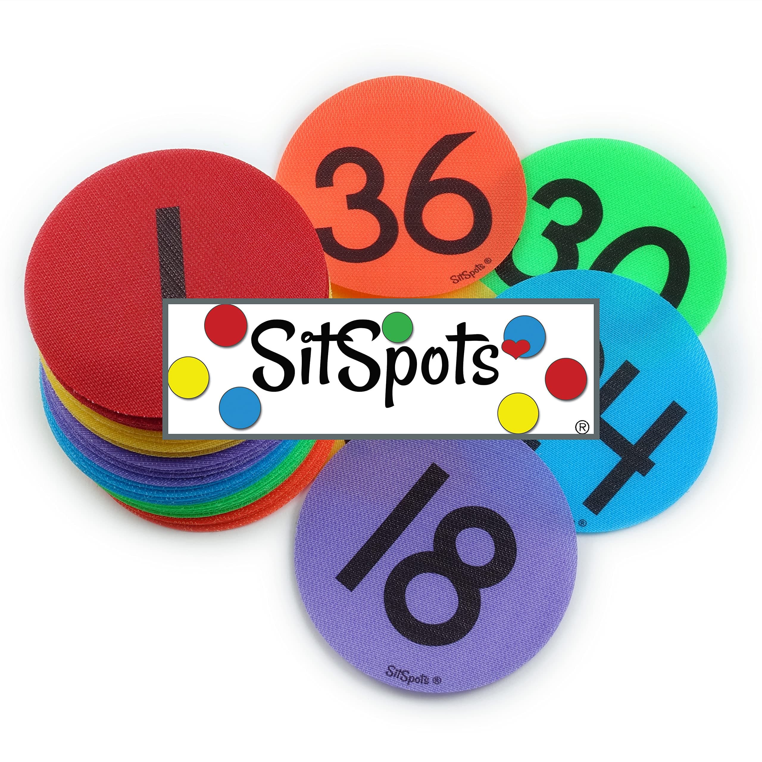 SitSpots® Numbers 1-36 Multi Color Circle Pack (Size 4") - Floor Circle Sit Markers, Pack Spots for Classroom | The Original Sit Spots for Your Classroom Carpet