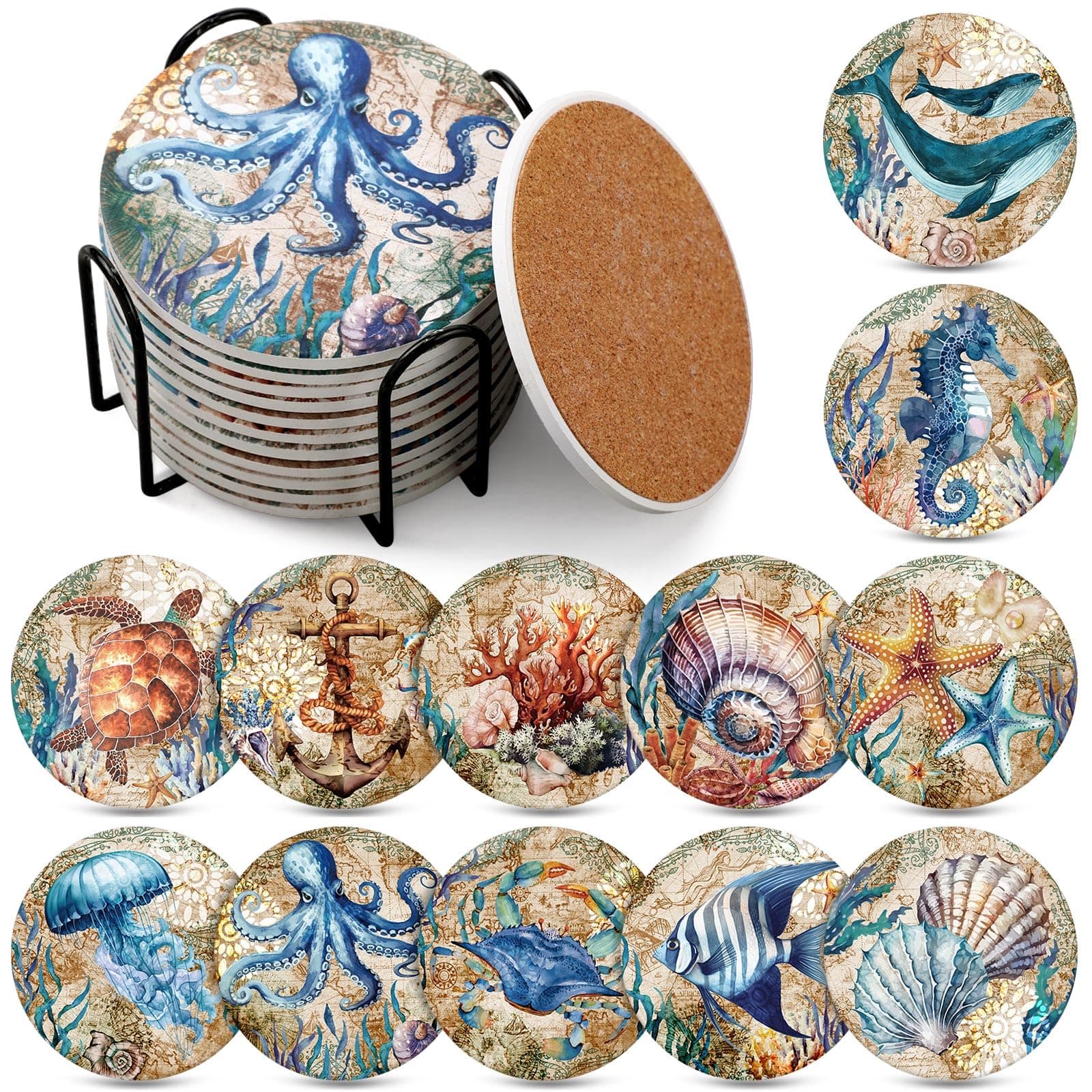 Hushee 12 Pcs Ceramic Drink Coasters with 1 Holder Holiday Cup Coasters with Cork Backing for Home Table Protection Wine Cups Coffee Bar Party Gifts(Beach Theme)