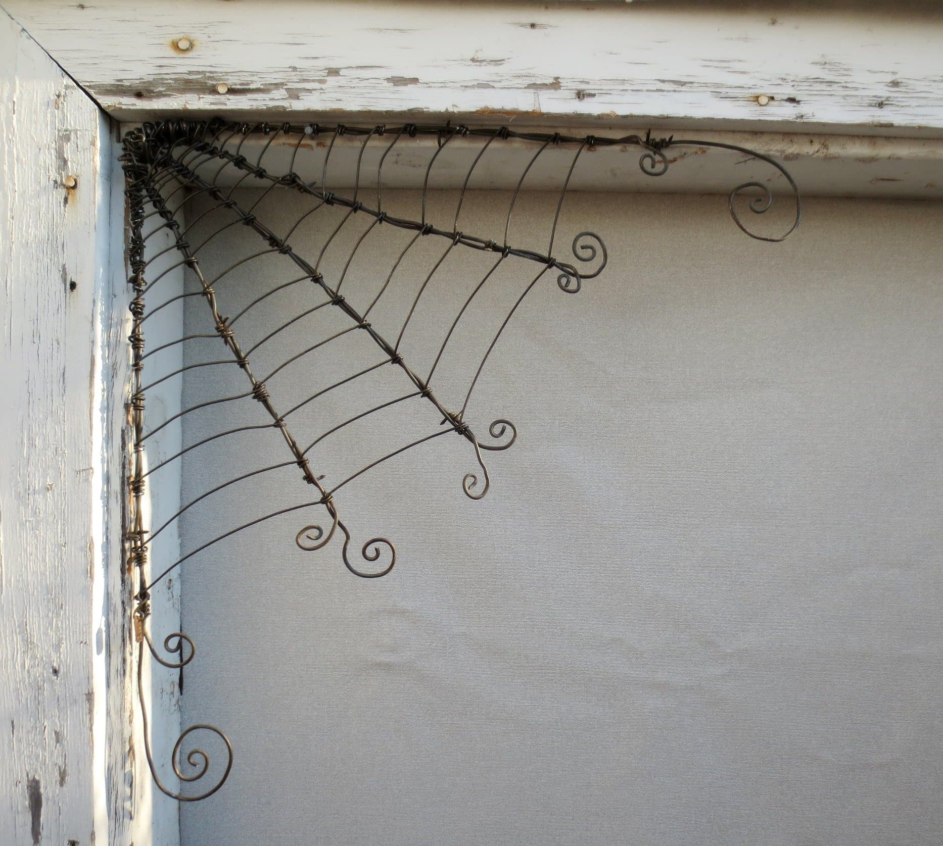 18" Odd Twisted Barbed Wire Corner Spider Web Reclaimed Art