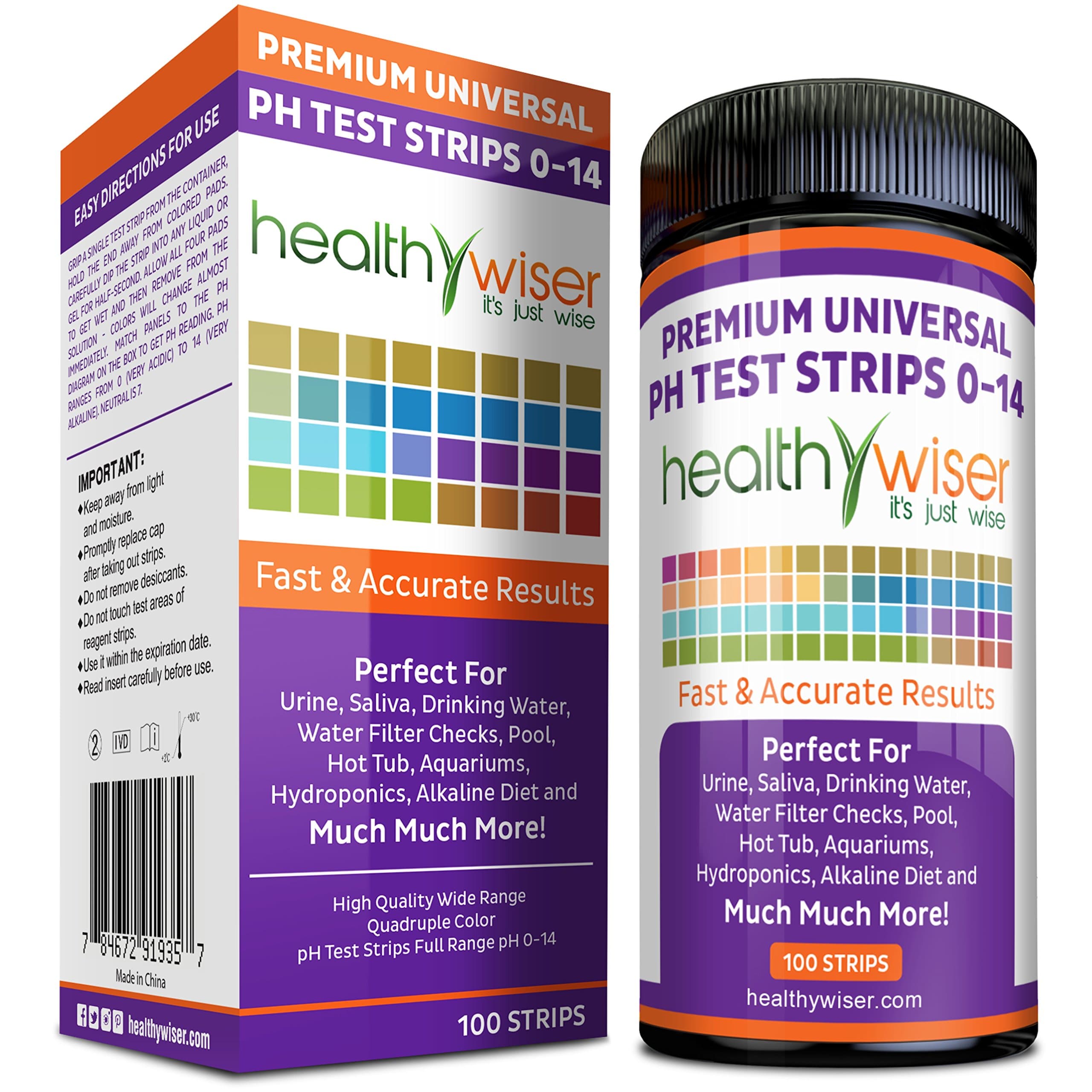 pH Test Strips 0-14, Universal Strips To Test, Urine, Saliva, Water, Pool, Hot Tub, Hydroponics, Garden Soil, Aquariums, Kombucha Tea, Alkaline Diet + BONUS Food Chart PDF, Results in Seconds, 100ct