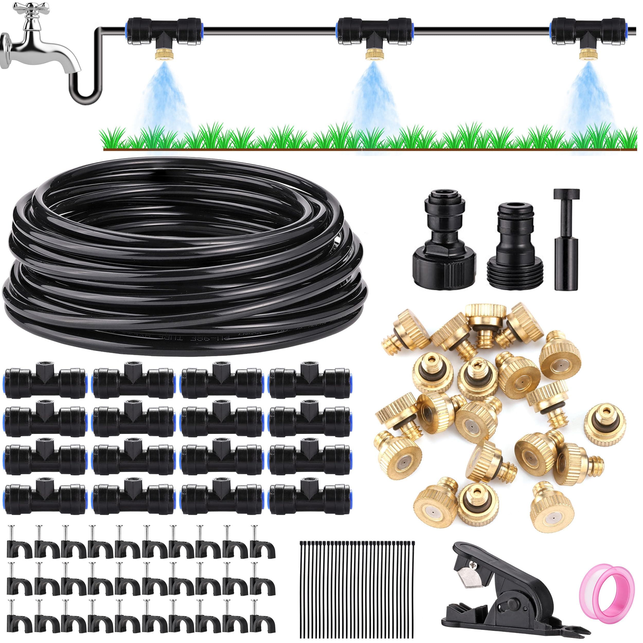 Mornajina Automatic Drip Irrigation Kits Garden Irrigation System, Includes 66FT 1/4 inch Irrigation Tubing Hose & 26Pcs Mist Nozzles Tee & 26Pcs Brass Misting Nozzles for Garden Watering System