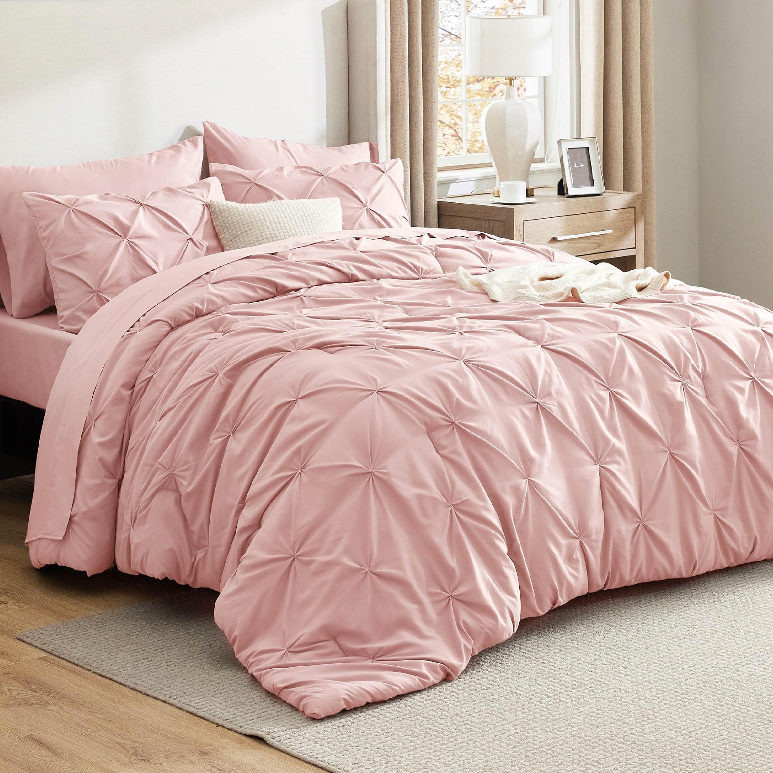 Full Comforter Set Pink - Bed in a Bag Full Size Bedding Set 7 Pieces, GentleSoft™ Pintuck Bed Set Gift for Family, Pinch Pleat All Season Comforter with Sheets, Pillowcases & Shams