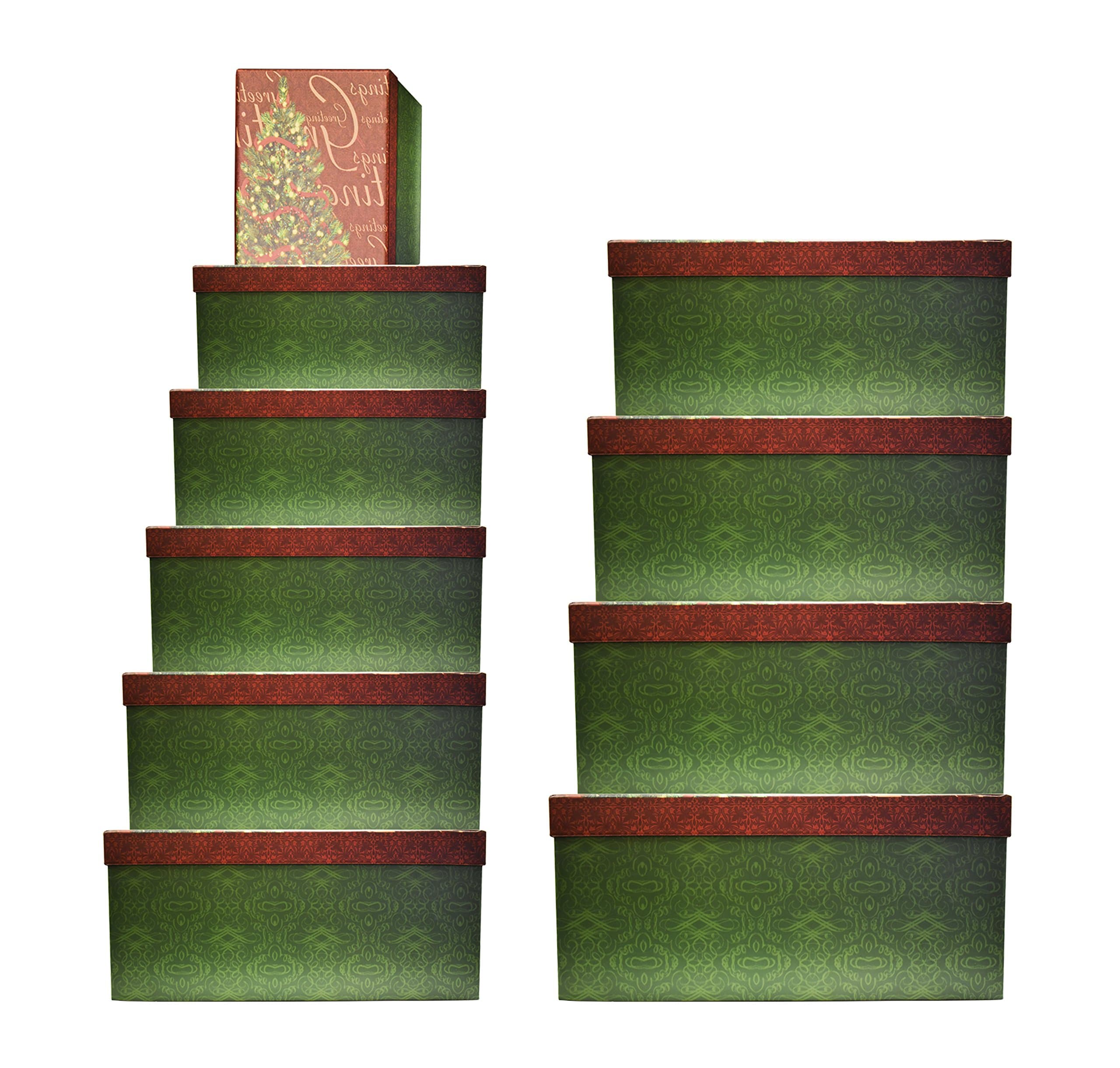 Holiday Nesting 10 Gift Box Set; 3 Different Designs – Christmas Tree, Holly, Penguin (Seasons Greetings)