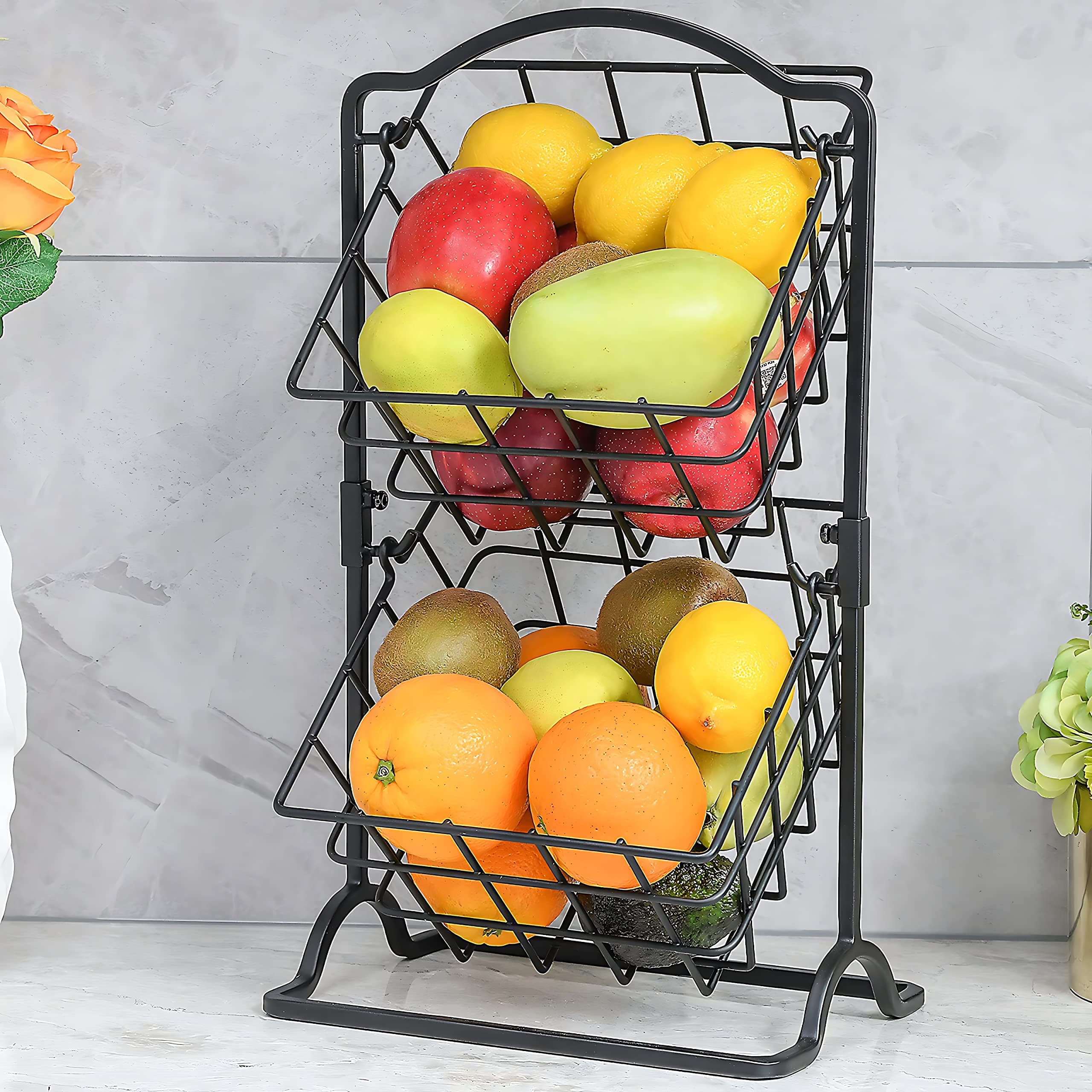 Wetheny 2 Tier Iron Fruit Basket Fruit Bowl for Kitchen Counter,Bread,Fruit and Vegetable Holder Storage Basket,Wire Hanging Basket stand for Kitchen Organizer, Matte Black