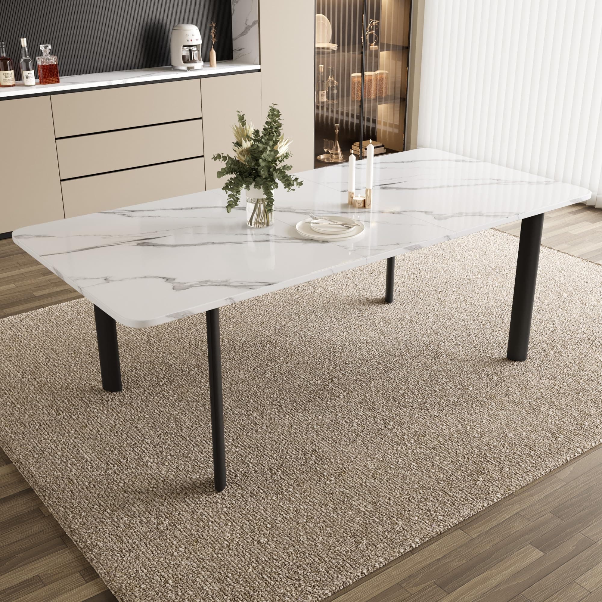 Extendable Dining Table for 6-8 People, 63 to 78.7 Inch Rectangular Table, White MDF with Sturdy Metal Legs, Space-Saving for Dining Room, Kitchen, Small Spaces