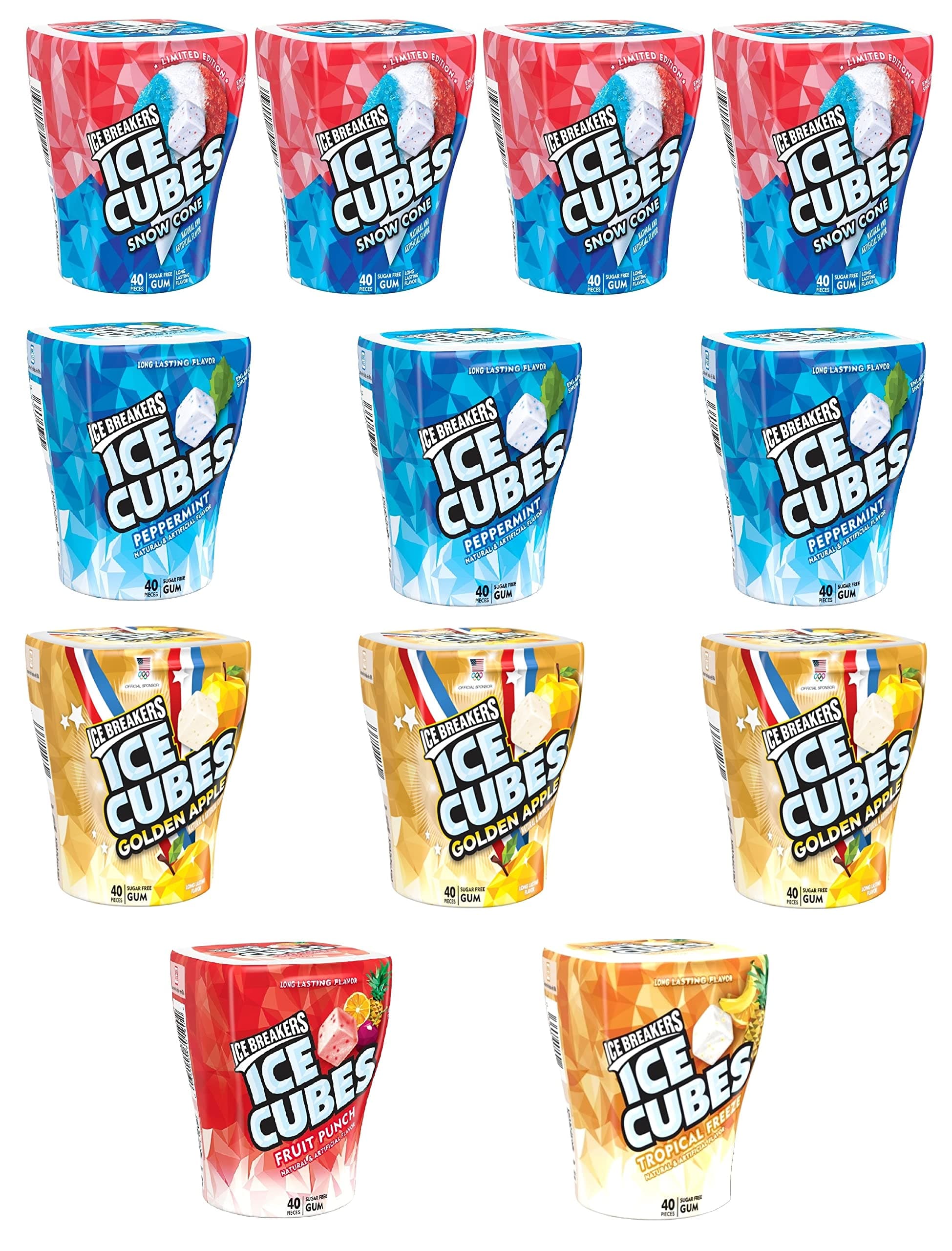 Ice Breakers Ice Cubes LIMITED-EDITION Assortment, Fruit Punch, Tropical Freeze, Snow Cone, Golden Apple and Peppermint. Deliciously Refreshing Sugar Free Gum, 40 Pieces each, 12 Packs