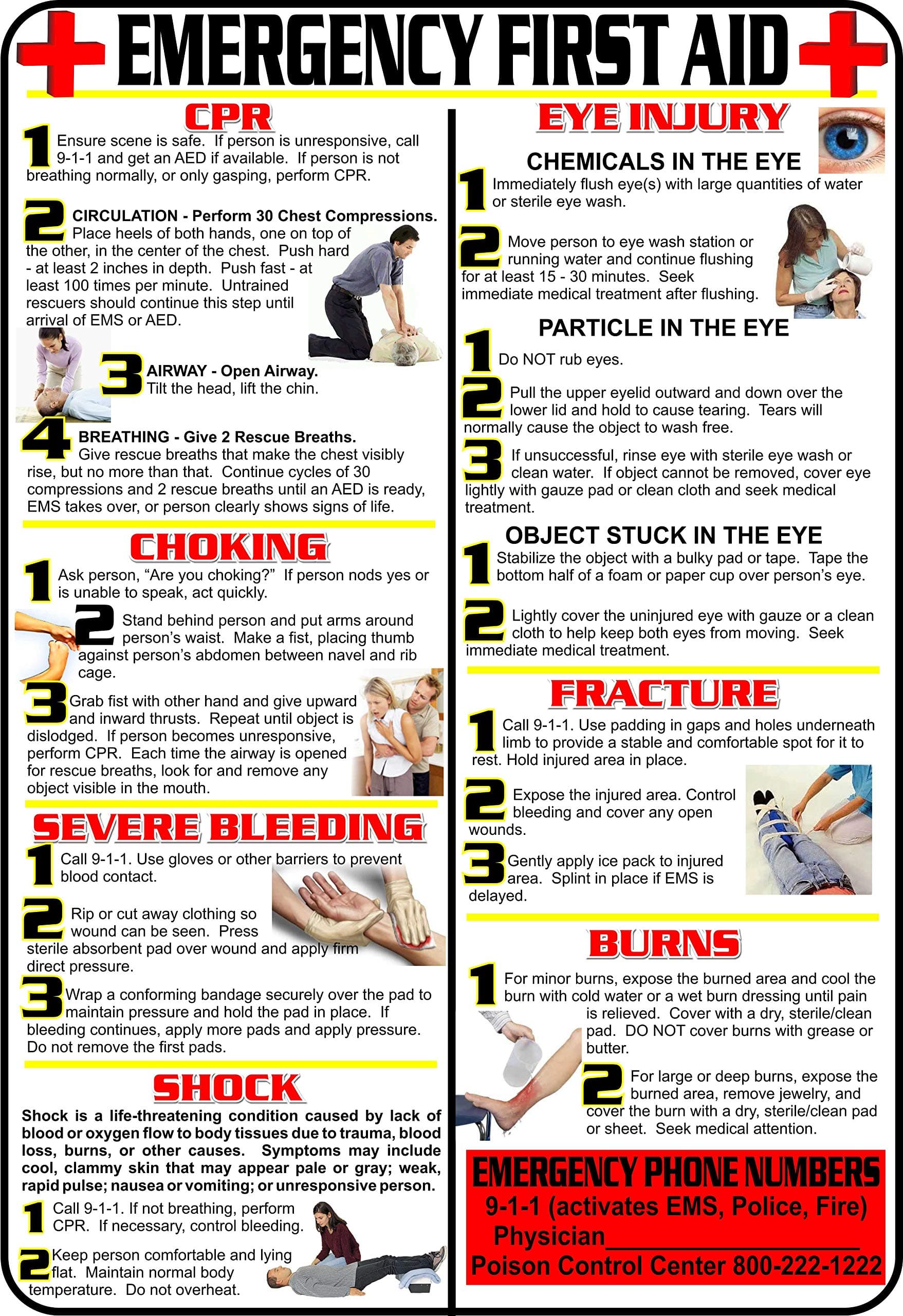 First Aid and Choking Poster, 11' x 17", Laminated, Includes CPR, Shock, Eye Injury, Fracture, Burns, Severe Bleeding & Choking