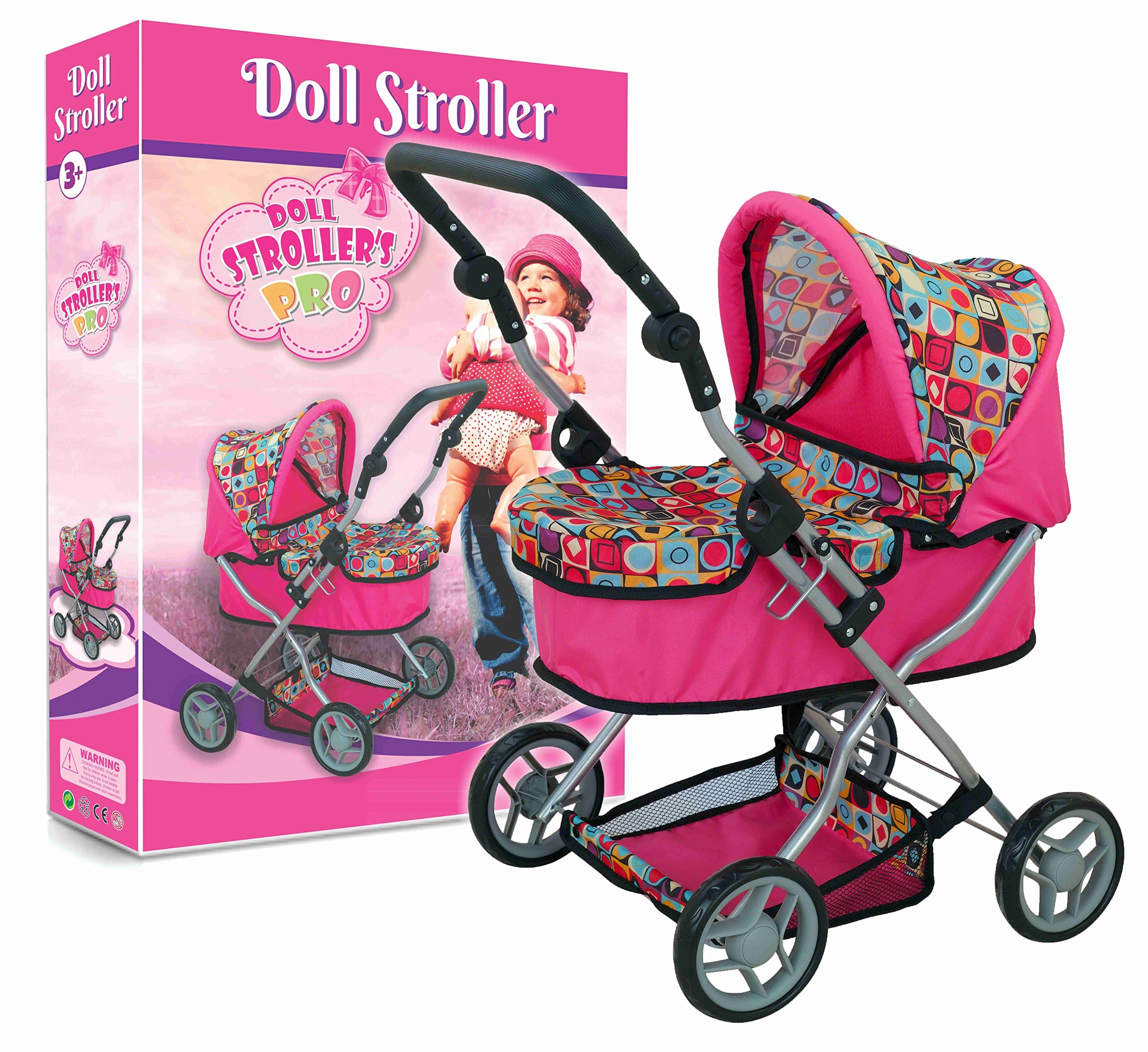 Doll Pram Super Cute with Adjustable Handle and Storage Basket