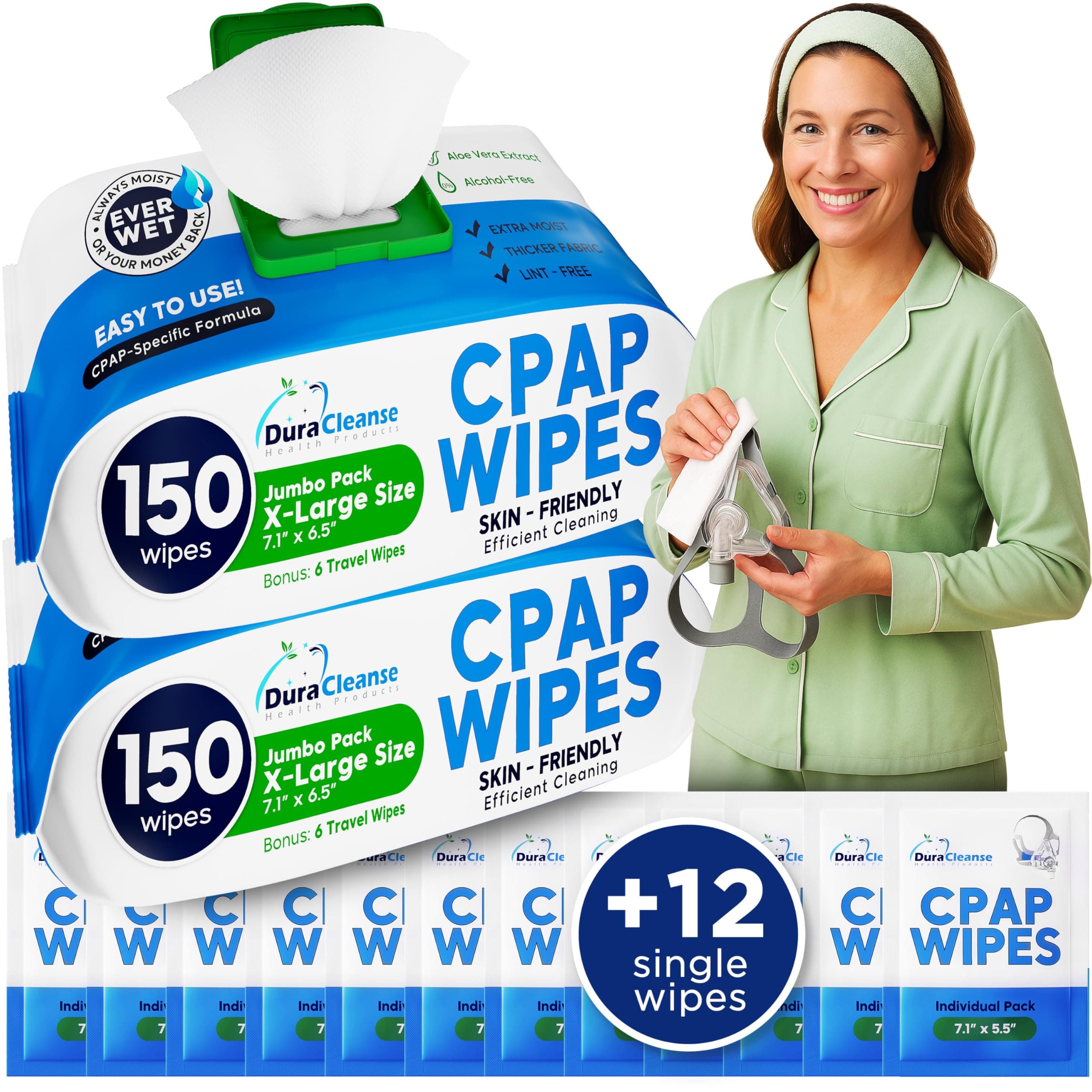 DuraCleanse CPAP Mask Cleaning Wipes - 2 Pack -2x150 Count Plus 2x4 Travel Wipes - Extra Large, Extra Moist Cleaning CPAP Wipes for Mask, CPAP Machine & Supplies - Skin Safe with Aloe Vera