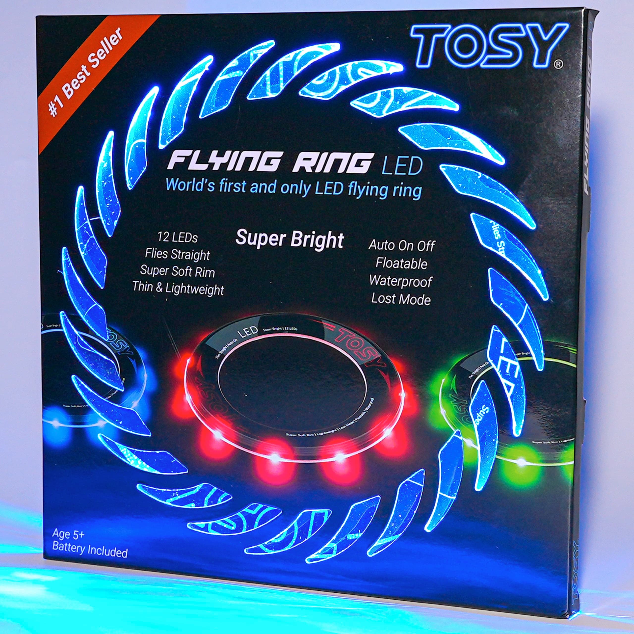 TOSY Flying Ring - 12 LEDs, Super Bright, Soft, Auto Light Up, Safe, Waterproof, Lightweight Frisbee, Cool Birthday, Camping, Easter Basket Stuffers & Outdoor/Indoor Gift Toy for Boys/Girls/Kids