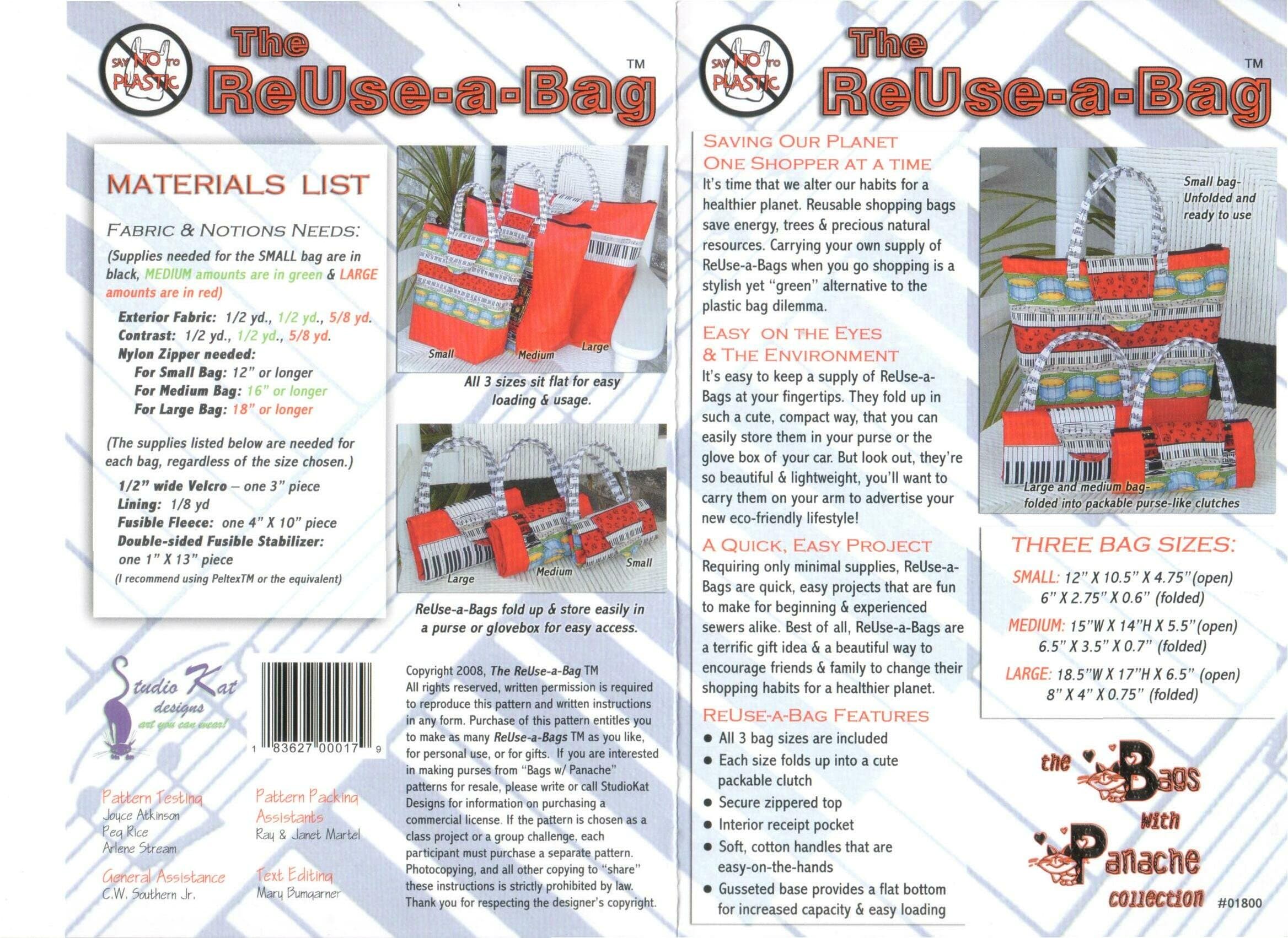 The ReUse-a-Bag Bag Pattern No. 1800 By Studio Kat Designs ~ Reusable Shopping Bag Pattern