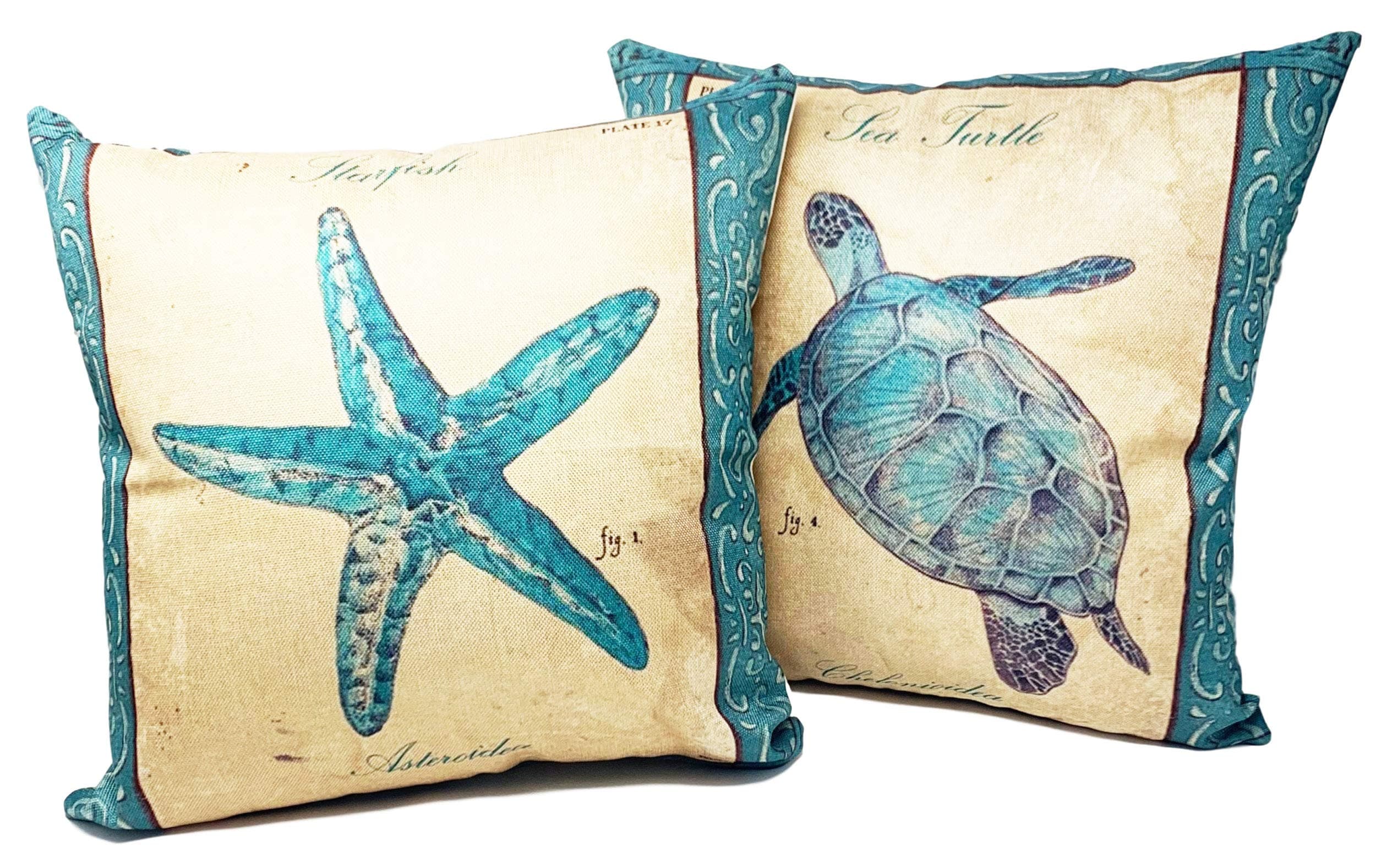 Beach Throw Pillows| Decorative Throw Pillow Covers, 2 Pack 18 x 18 Inch| Coastal Beach Decor Couch Pillows with Starfish & Sea Turtle Theme