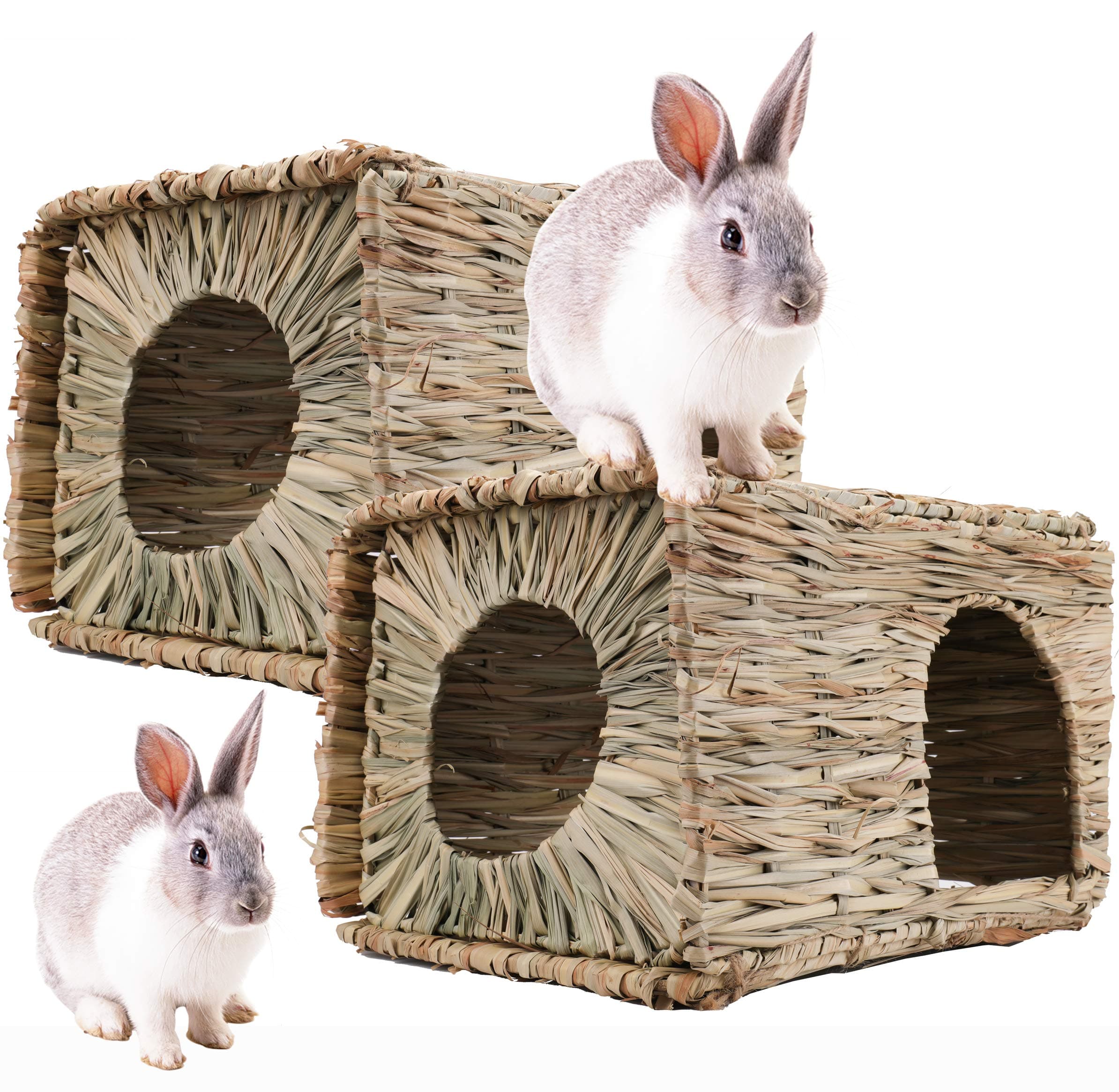 WUWEOT 2 Pack Large Grass Bunny House, Foldable Rabbit Hut, Play Hideaway Bed Hay Mat Chew Toy for Rabbit, Guinea Pigs, Gerbils, Hamster and Small Animals, 11"x8"x8"