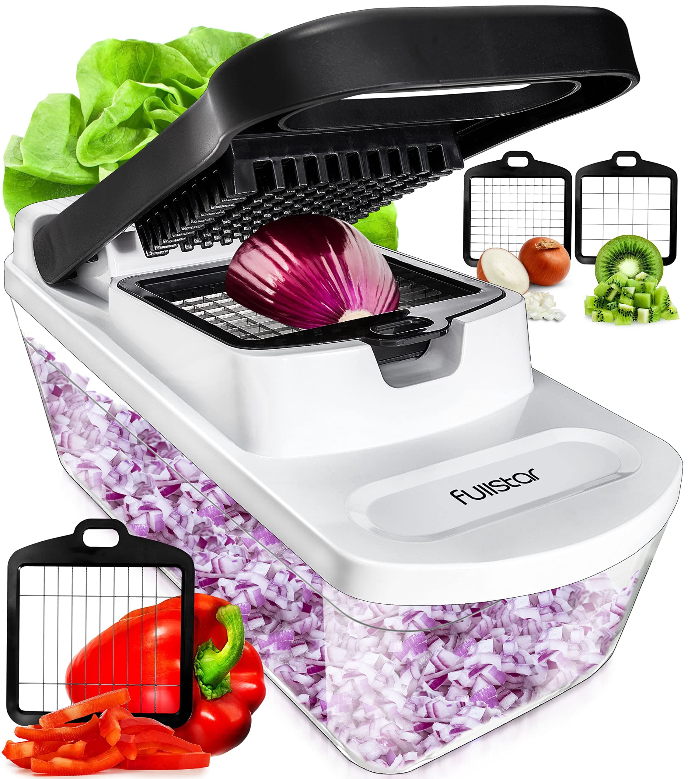 Fullstar Chopper Vegetable Cutter Mandoline Slicer for Kitchen with Handle - Veggie Chopper with Container and Lid, Food Chopper Salad Chopper Vegetable Chopper, Onion and Cheese Slicer (3 in 1)