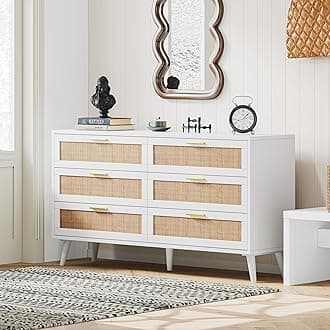 Rovaurx 6 Drawer Double Dresser for Bedroom, Rattan Chest of Dressers, Modern Wooden Dresser Chest with Golden Handles, Beside Table for Closet, Living Room and Entryway, White and Natural RDG001WM