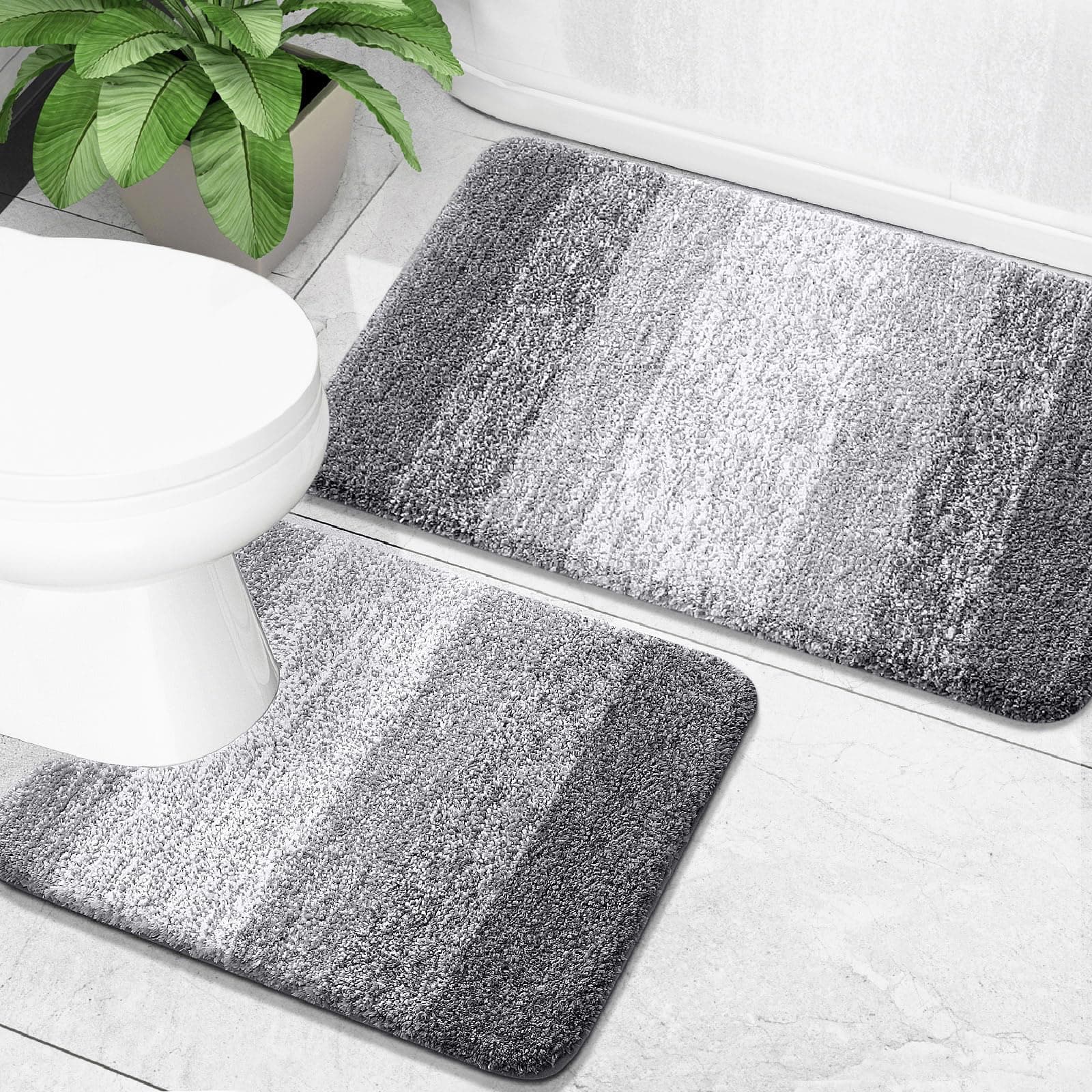 Bathroom Rug Set 2 Piece, Soft Absorbent Microfiber Bath Mats and U-Shaped Contour Toilet Rug, Non-Slip, Machine Wash Dry, Plush Shaggy Bath Mats for Bathroom (30"x20"+24"x20", Grey)