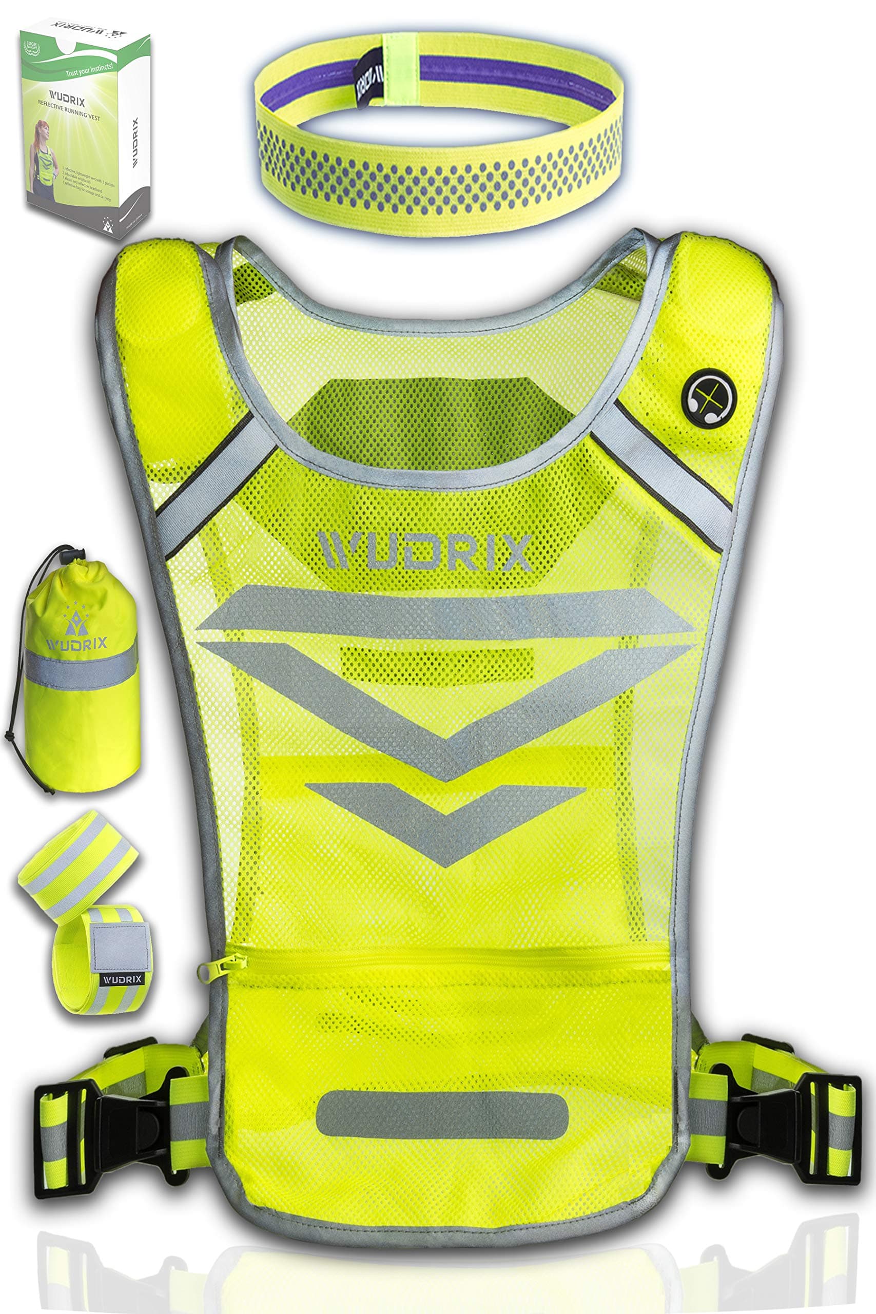 High Visibility Reflective Running Vest with 3 Pockets, 2 Adjustable Ankle/Armbands, 1 Headband & Bag | Night Safety Gear Set for Dog Walking, Jogging, Cycling or Motorcycle | Men & Women
