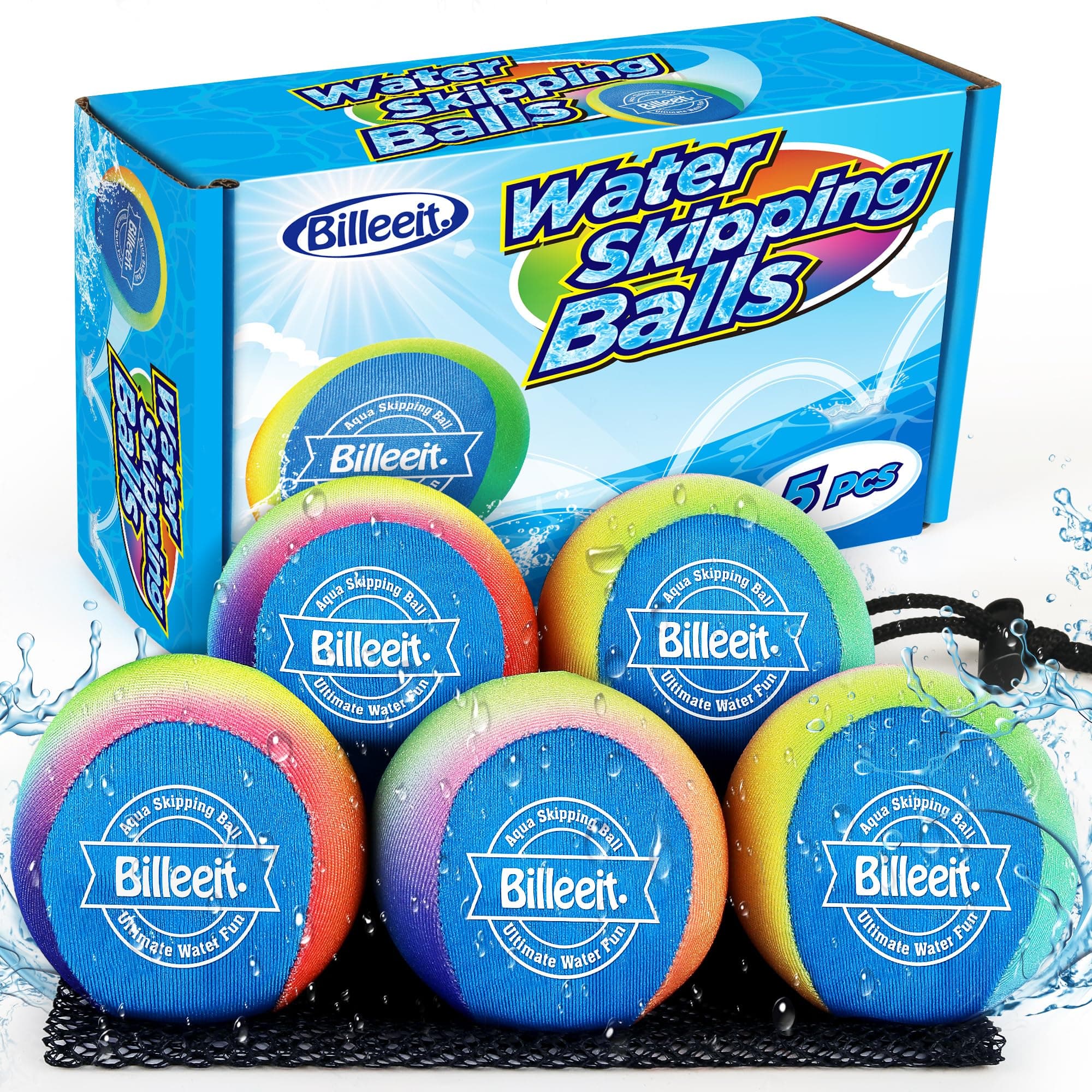 Billeeit 5Pcs Water Skipping Balls Set for Pool Play, Multi-Colored Splash Water Bouncing Balls, Fun Water Pool Beach Swim Toys & Games for Kids 3+ 4-8-12 and Adults
