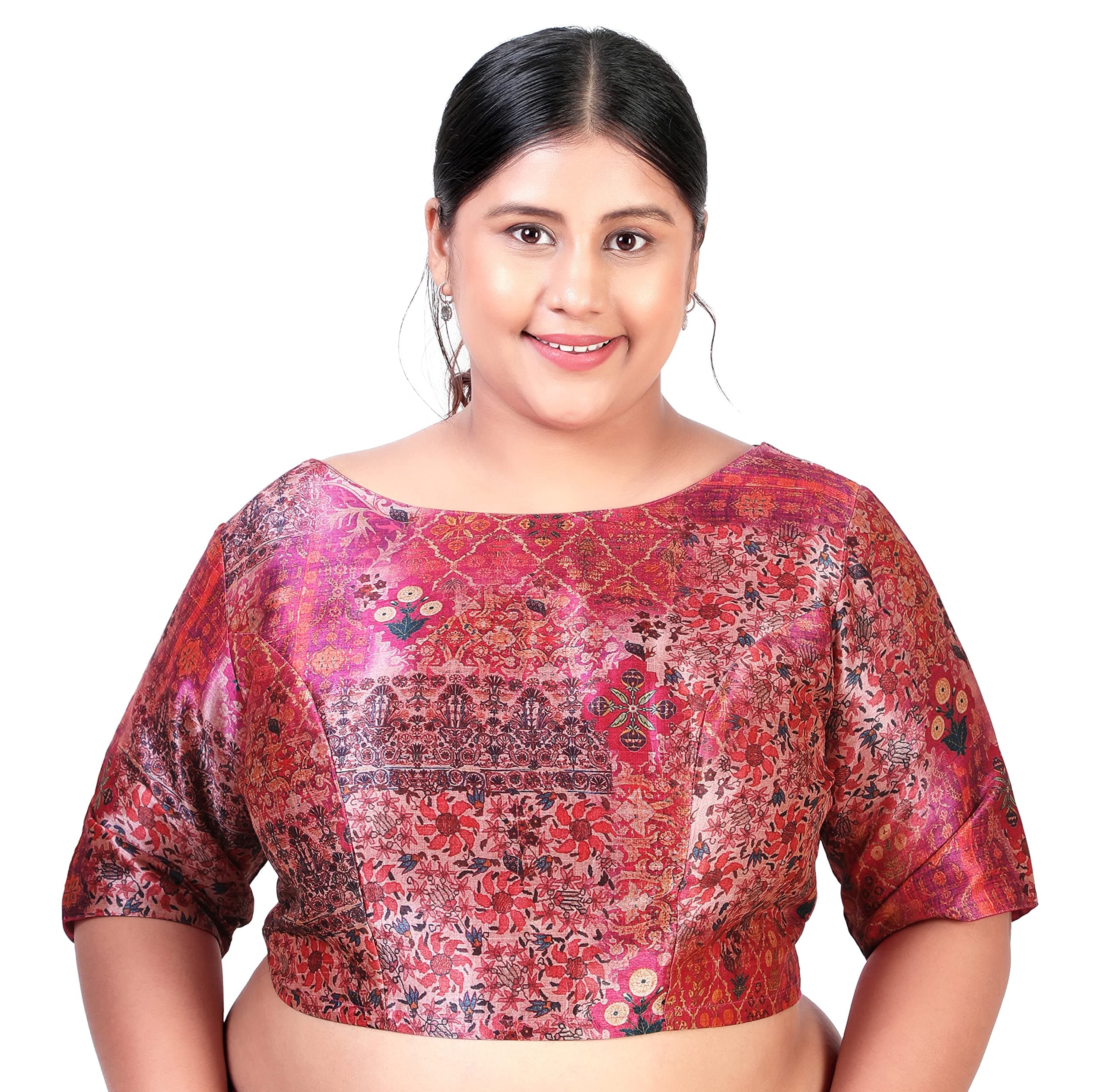 Studio ShringaarWomen`s Plus Size Polyester Elbow Length Sleeves Abstract Print Saree Blouse.