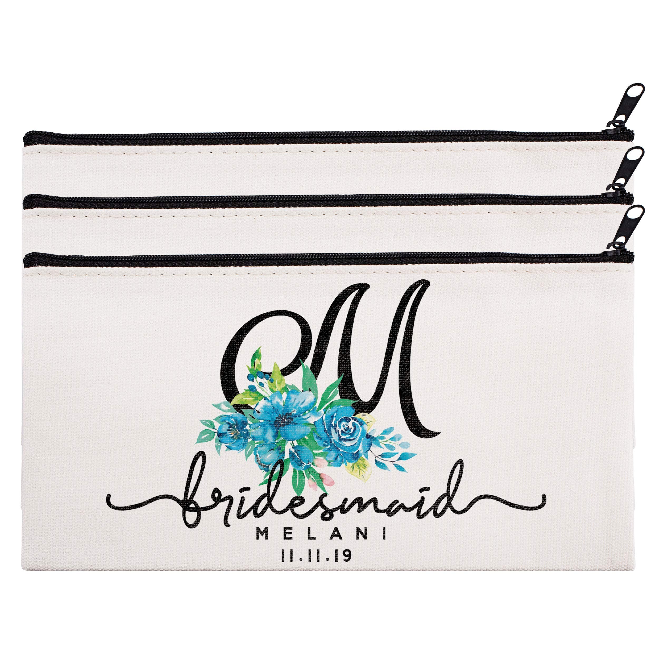 Personalized Makeup Bag Bridesmaid Wedding Customized Pouch Bachelor | Design-5 | Set of 3