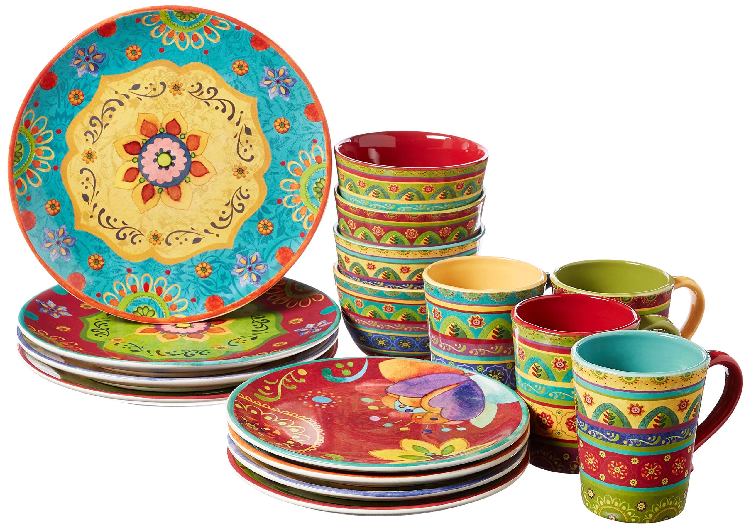 Tunisian Sunset 16-Piece Ceramic Dinnerware Set, Service for 4 – Colorful Boho Plates, Bowls & Mugs with Global Floral Patterns for Everyday Dining, Entertaining & Eclectic Kitchen Décor