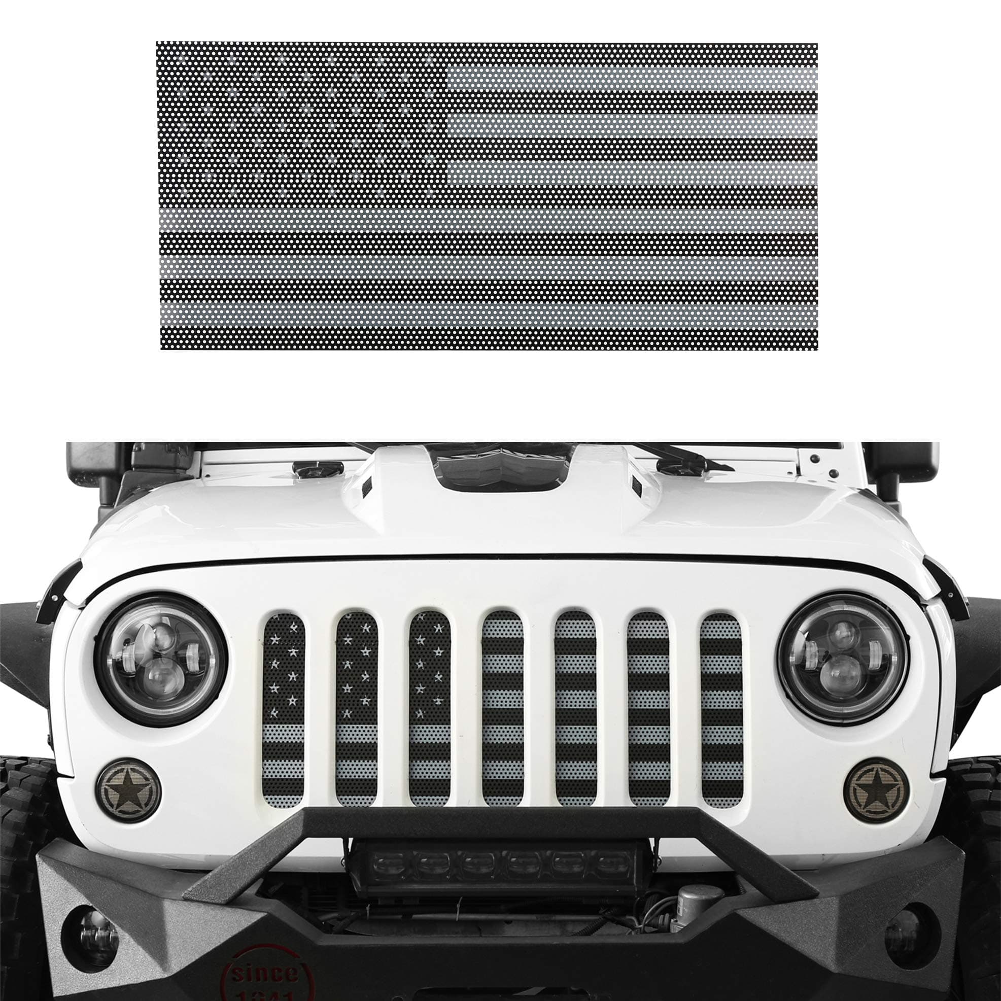 V8 GOD JK Flag Grill Insert Mesh Bug Screen for 2007-2018 Jeep Wrangler JK & JKU Unlimited (Classic Light Black & White)