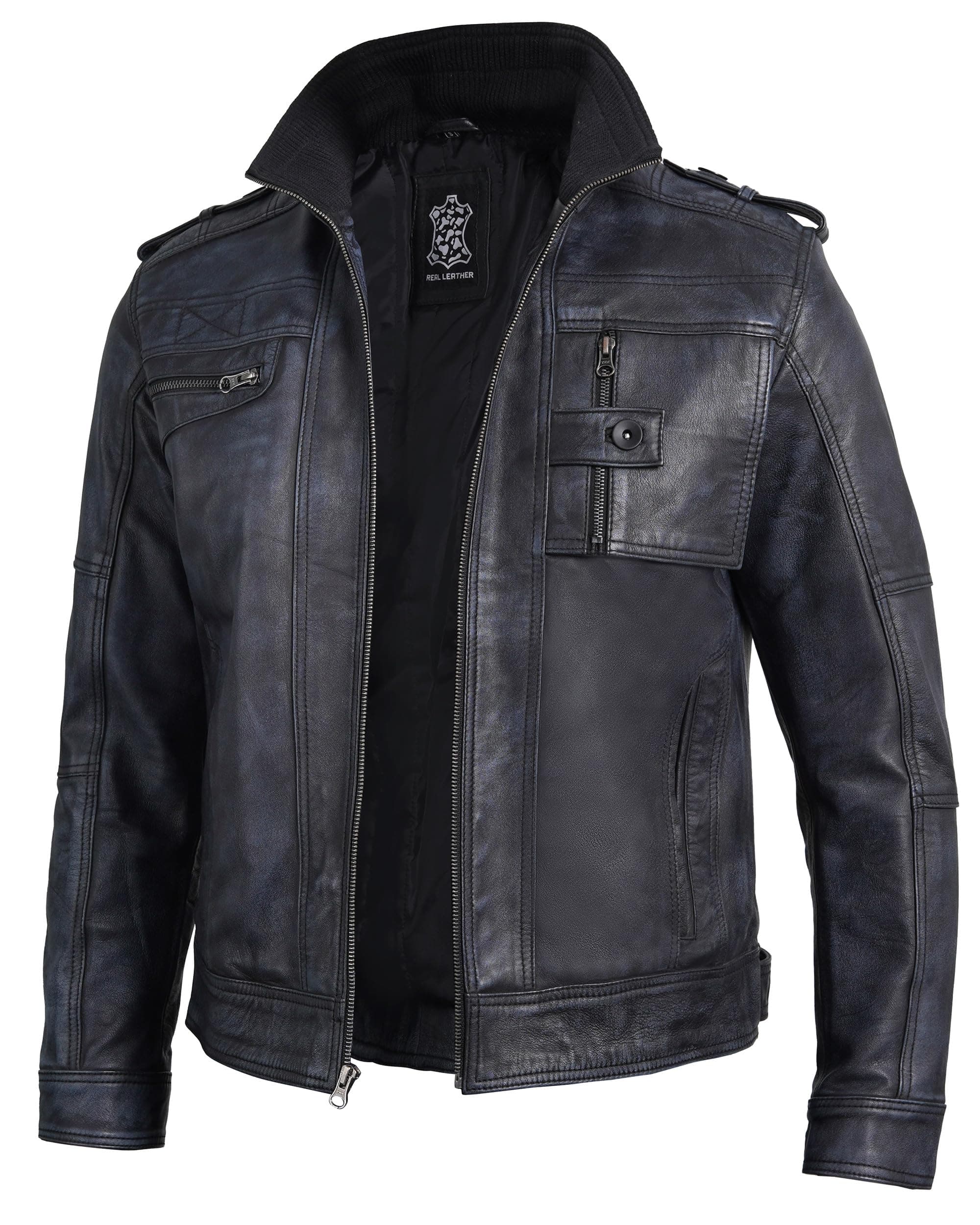 Decrum Disc Leather Jacket Men - Distressed Black Jackets Men | [1108765] Tavares Black, XL
