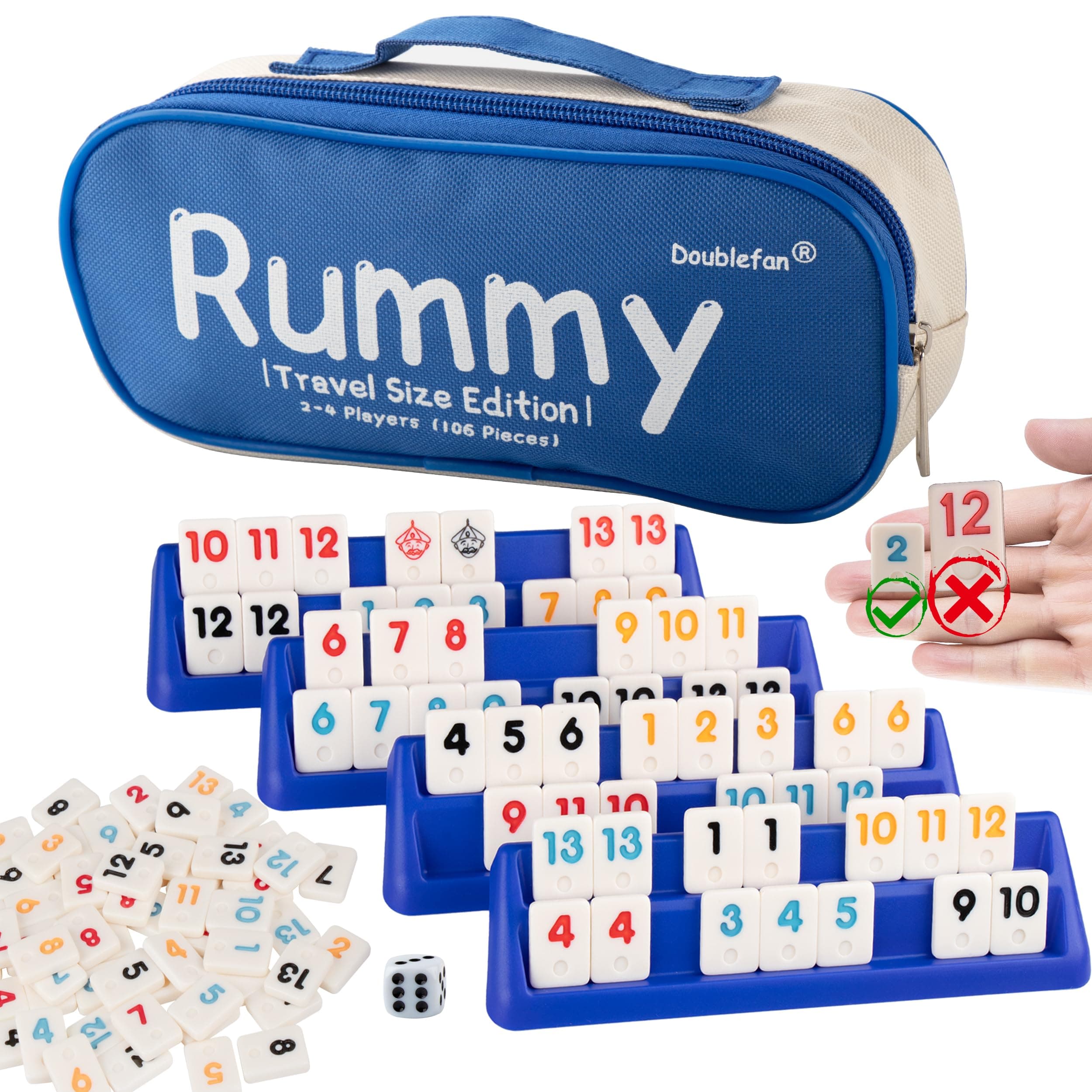 Doublefan Mini Rummy Cube Set, Mini Size Rummy Game with Portable Bag, Small Travel Game for Adult and Kids,106 Tiles, 4 Playing Rack, 1 Dice (2-4 Players)
