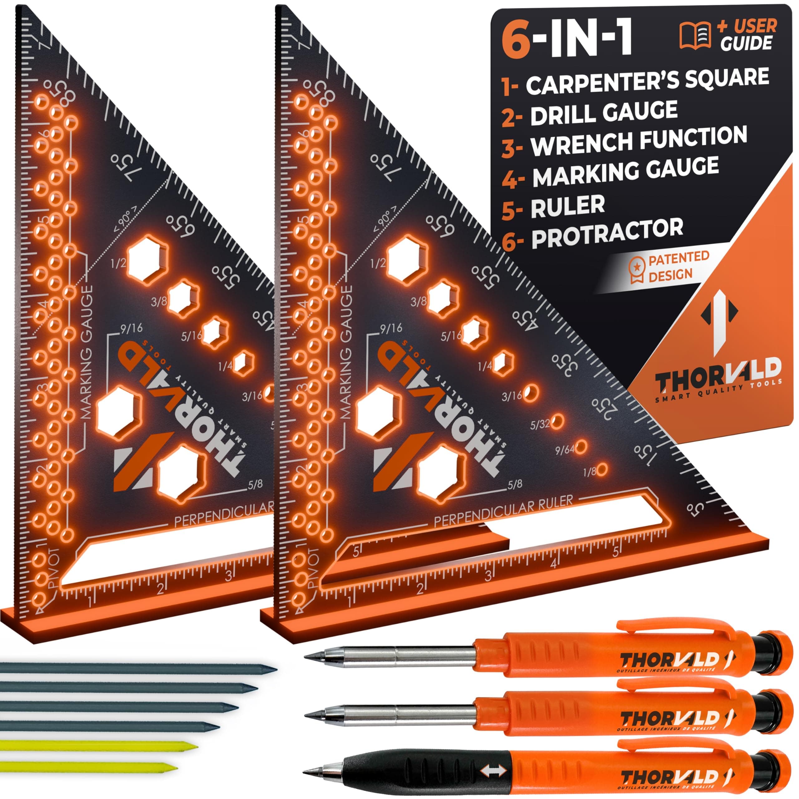 - THORVALD 2 Carpenter Square 7 inch (1/16" Precision) + 2 Pencils + 12 Leads - T Square Multi-Purpose Carpenter Tools : Wrench, Protractor, Ruler, Marking Gauge, Drill Gauge, Carpentry Pencil