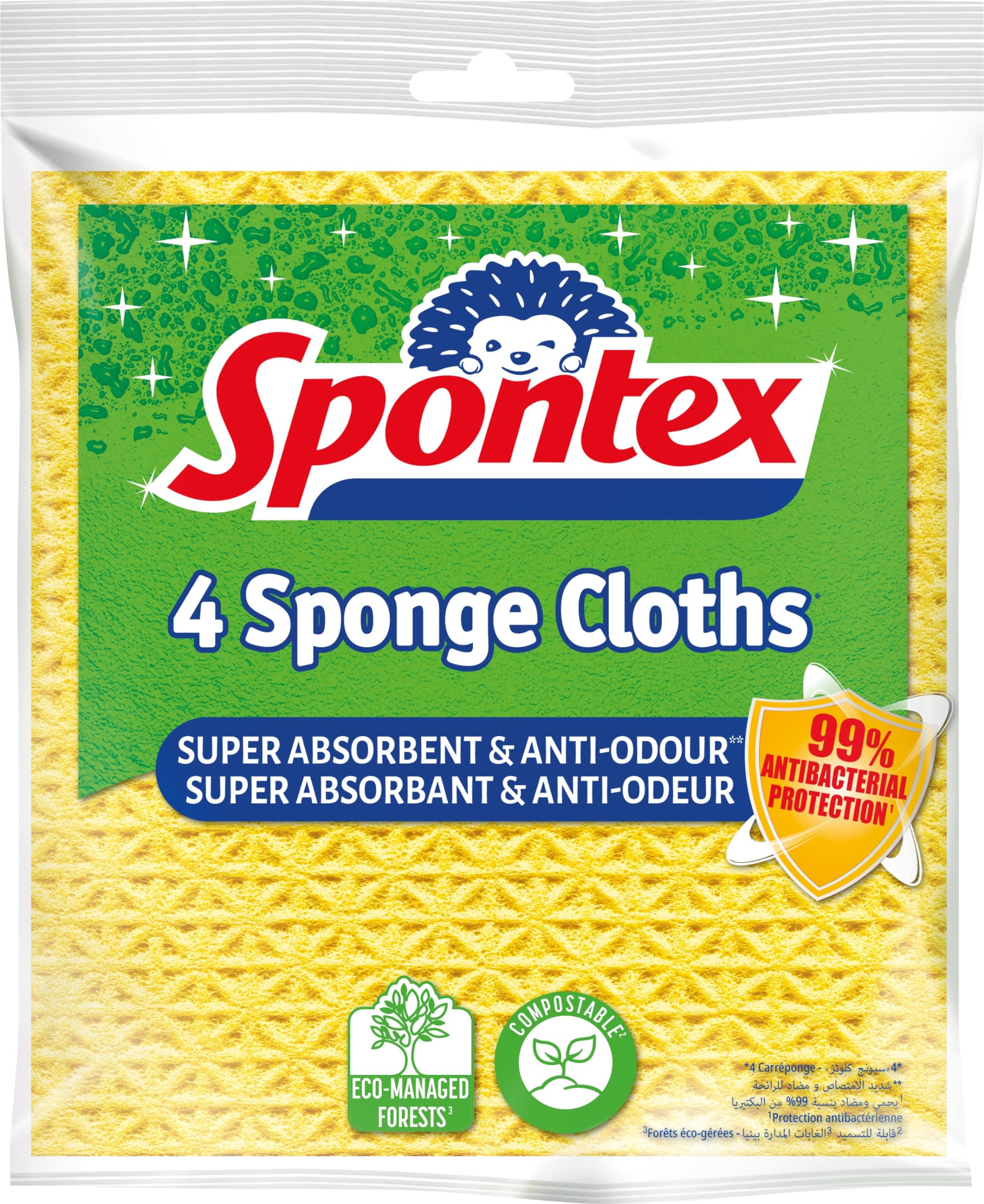 Spontex Sponge Cloths With Anti-bacterial Protection, Stops Odours and Stays Fresher for Longer, Absorbent, Flexible and Durable, 100% Biodegradable, Multicolour, 4 Pieces