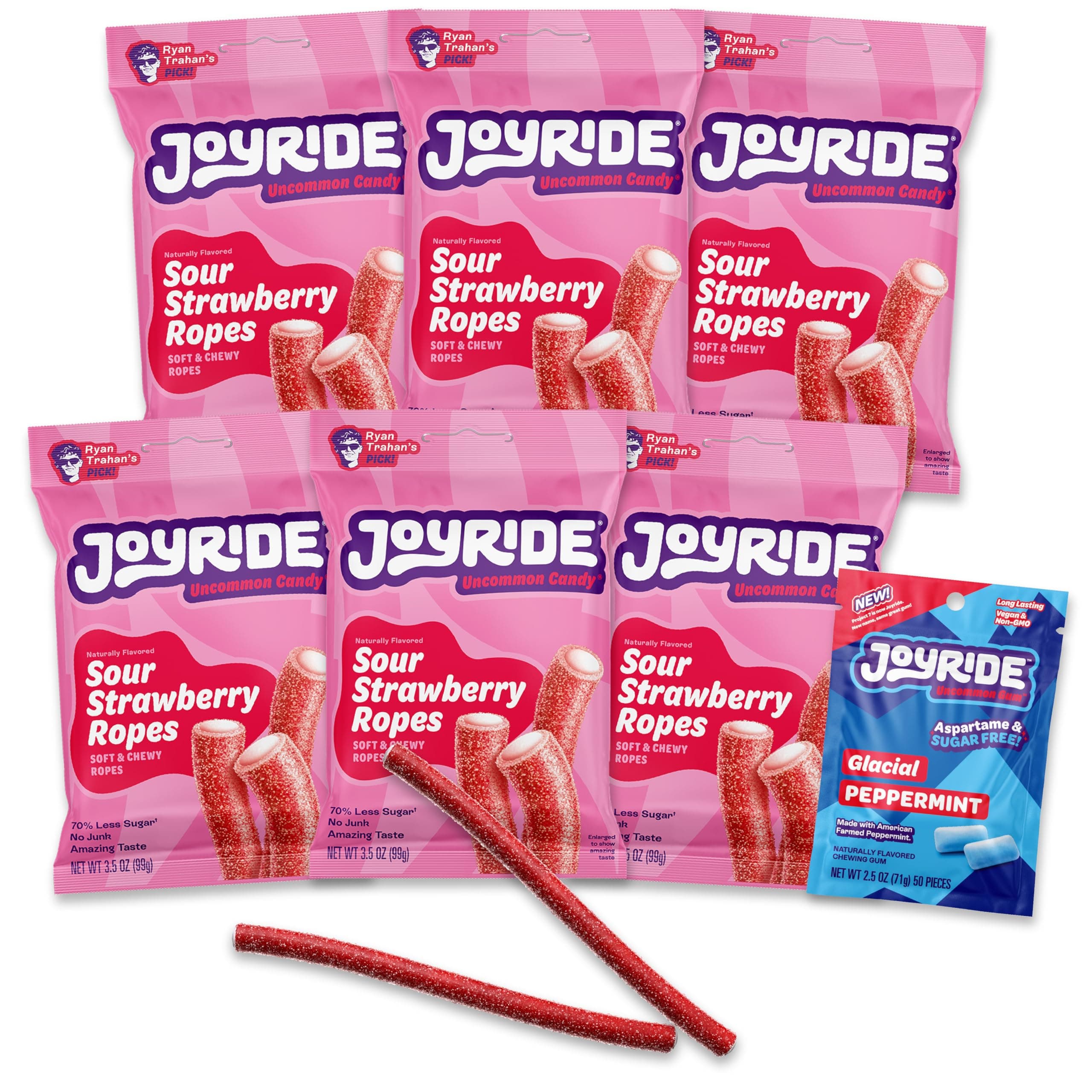 Sour Strawberry Ropes - 3.5 oz 6-Pack Bundle with 2.5oz Glacial Peppermint Gum, Low Sugar Licorice, Low Calorie Sour Candy Ropes, Strawberry Flavor, Dye Free and Plant Based Candy (7 Items)