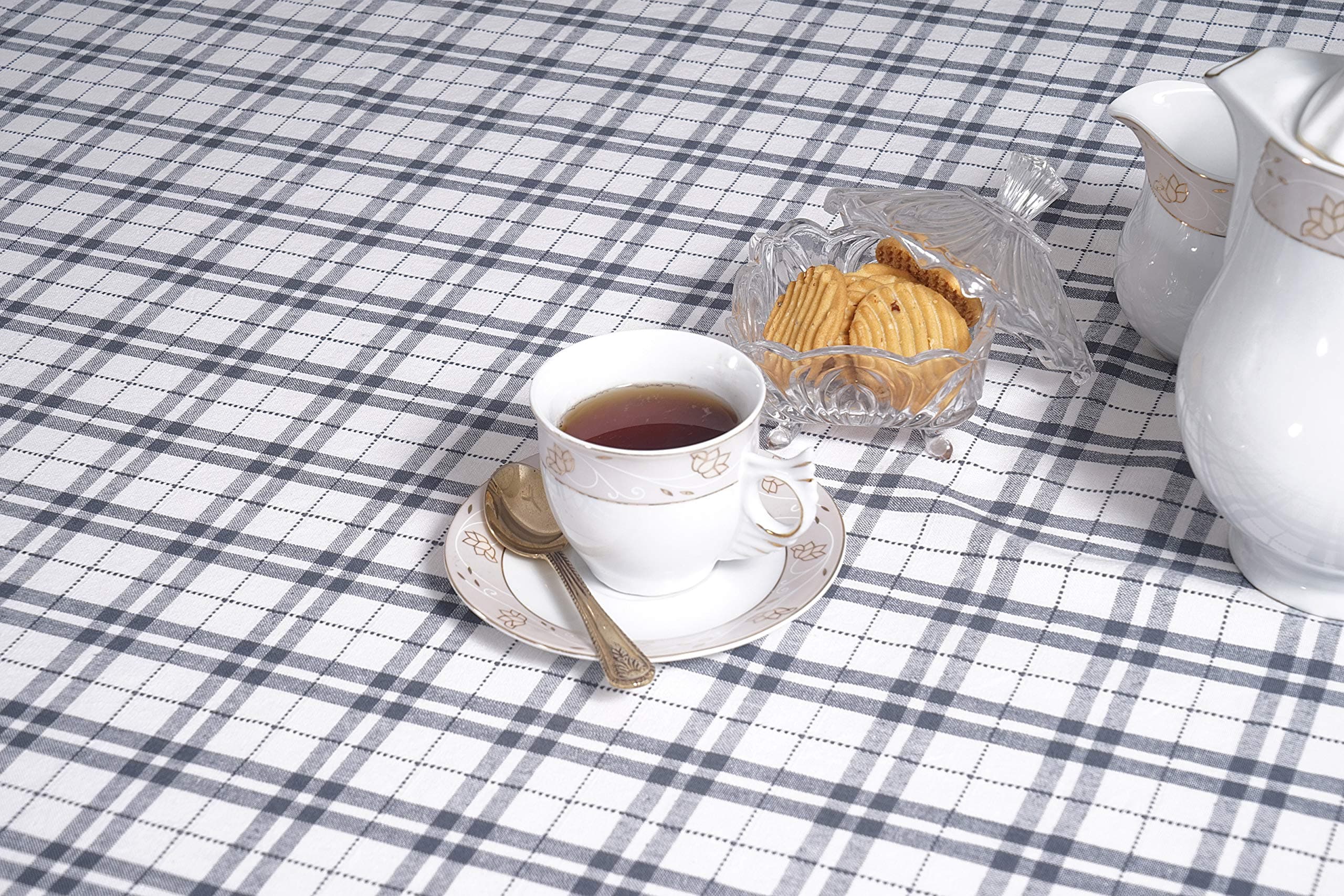 Dobby Check Tablecloth. Mitered Stitching 100% Ring Spun Cotton Tablecloth in Size (60x120 inches). Rectangle/Oblong Color - Dark Grey