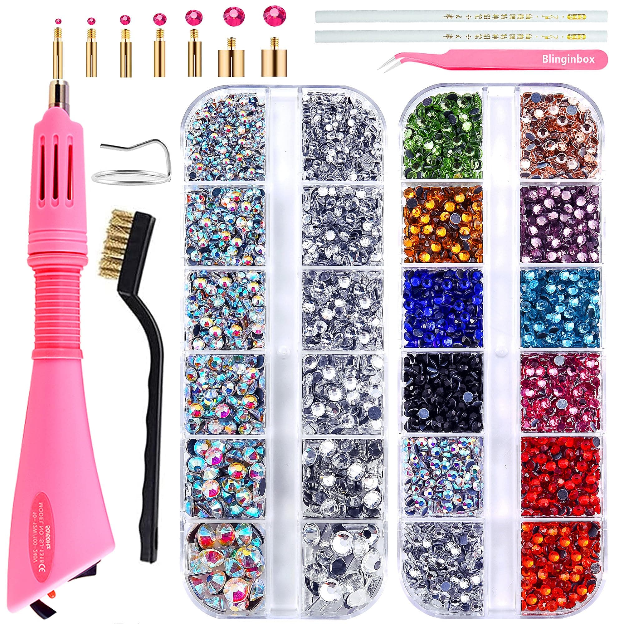 BLINGINBOX Hot Fix Applicator Tools Rhinestone Applicator Set 2 Box of 4000 with 7 Different Size Nozzles Cleaning Kit Tweezers Brush for Clothes Shoes